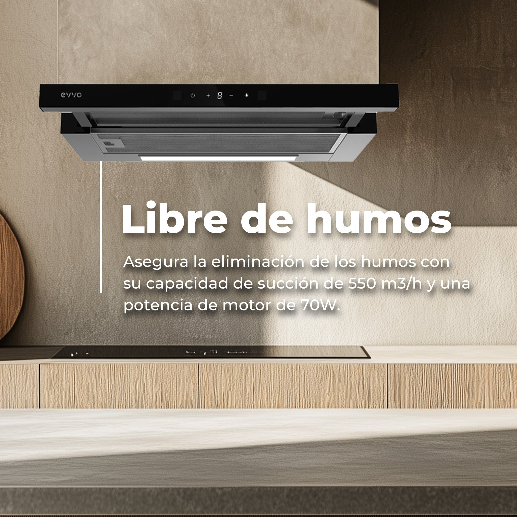 Moderna campana extractora negra sobre encimera de madera con texto superpuesto.