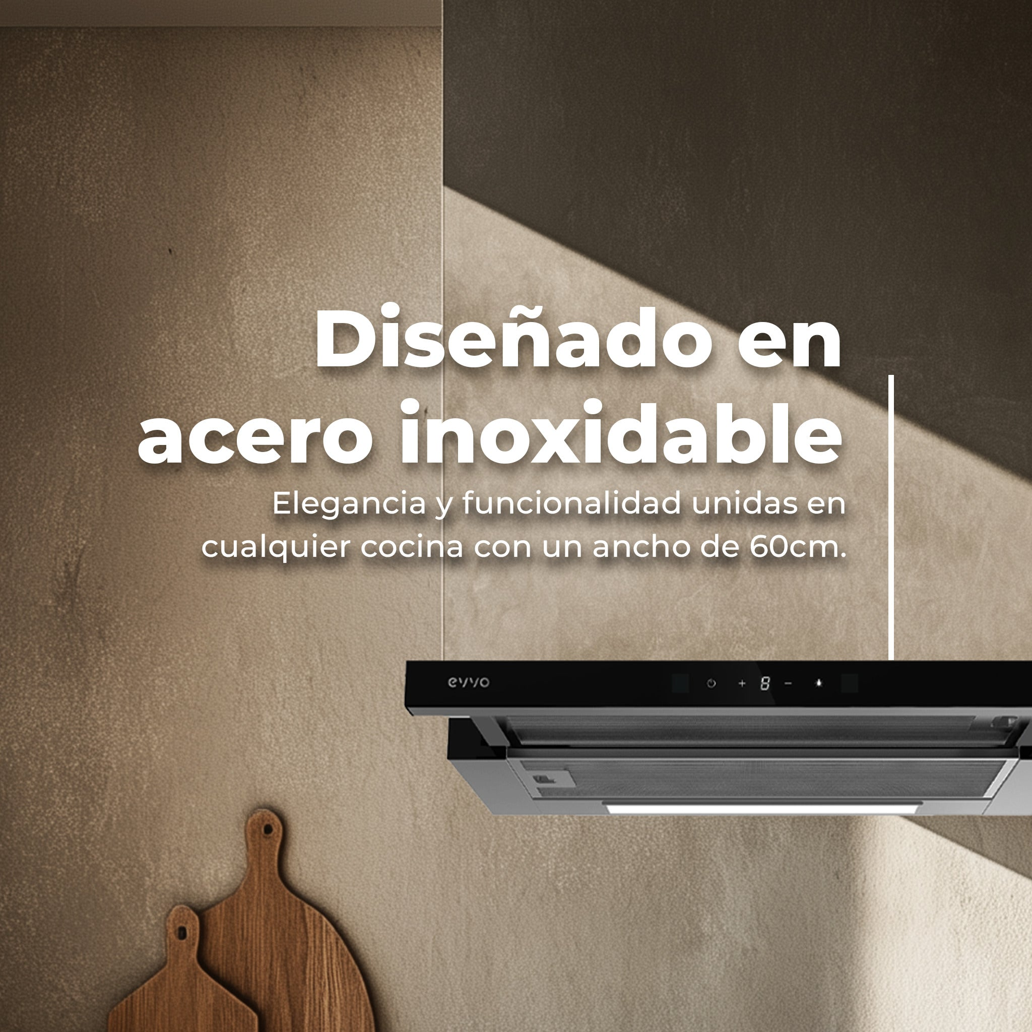 Una campana extractora de acero inoxidable con controles táctiles y tablas de madera.