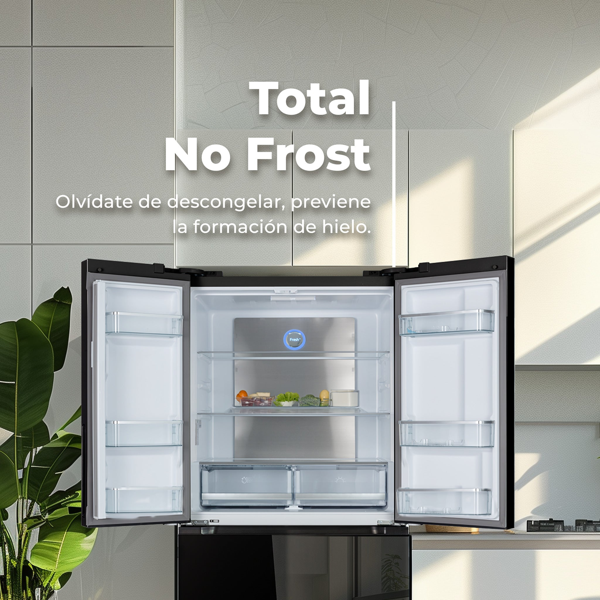 Frigorífico negro abierto con texto Total No Frost en una cocina moderna.
