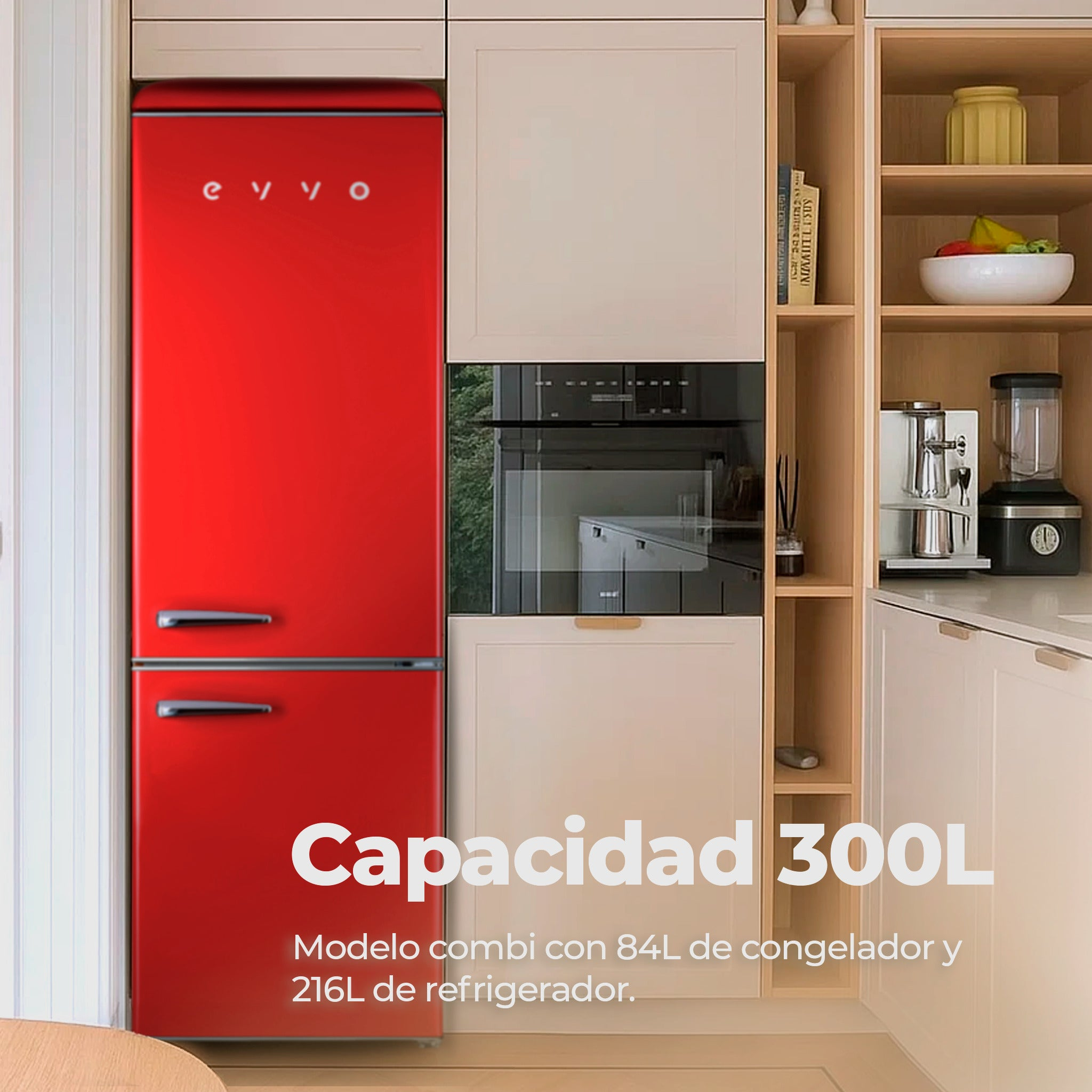 Una nevera retro de color rojo brillante se encuentra en una cocina moderna con armarios blancos.