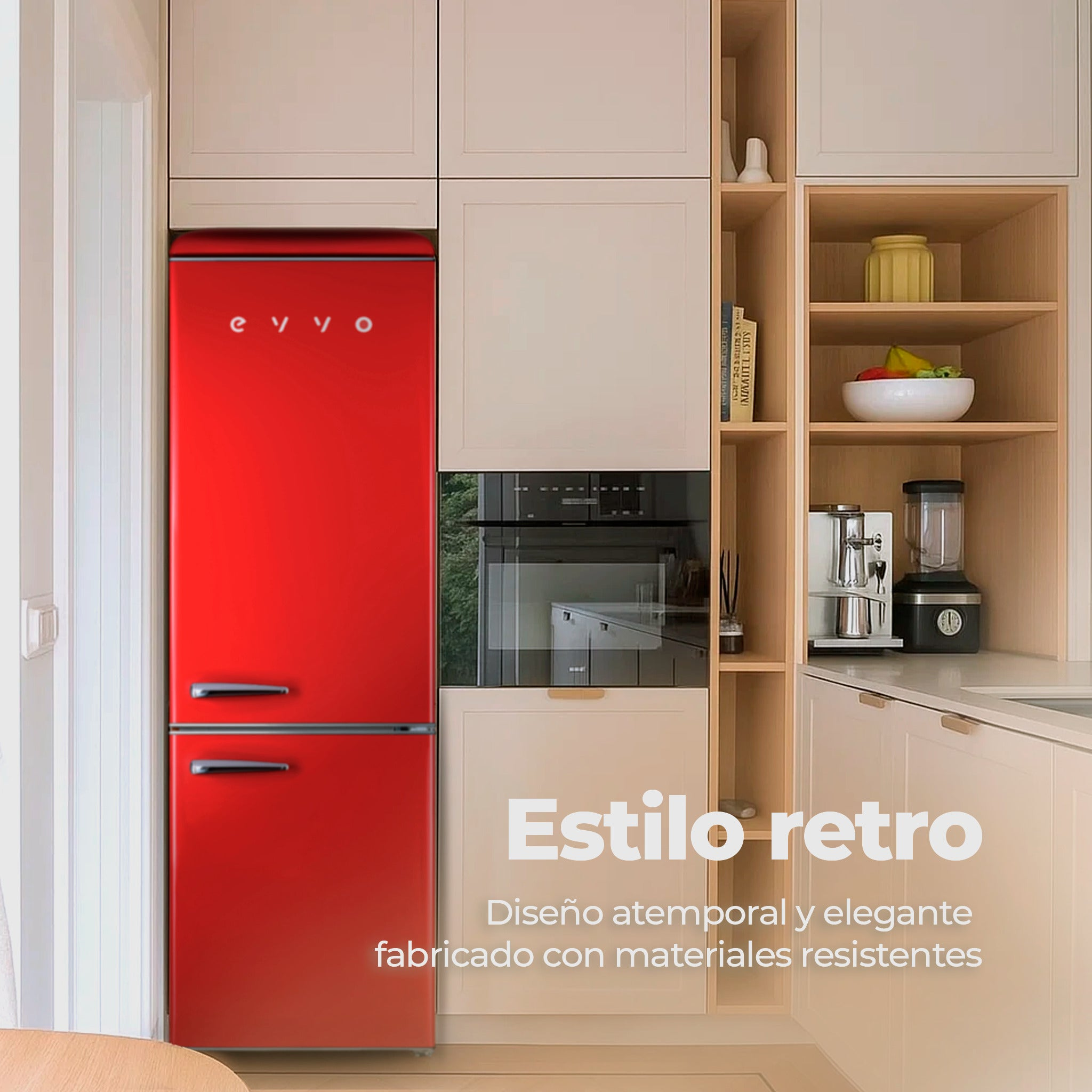 Nevera roja retro en cocina luminosa con horno y estantes de madera.