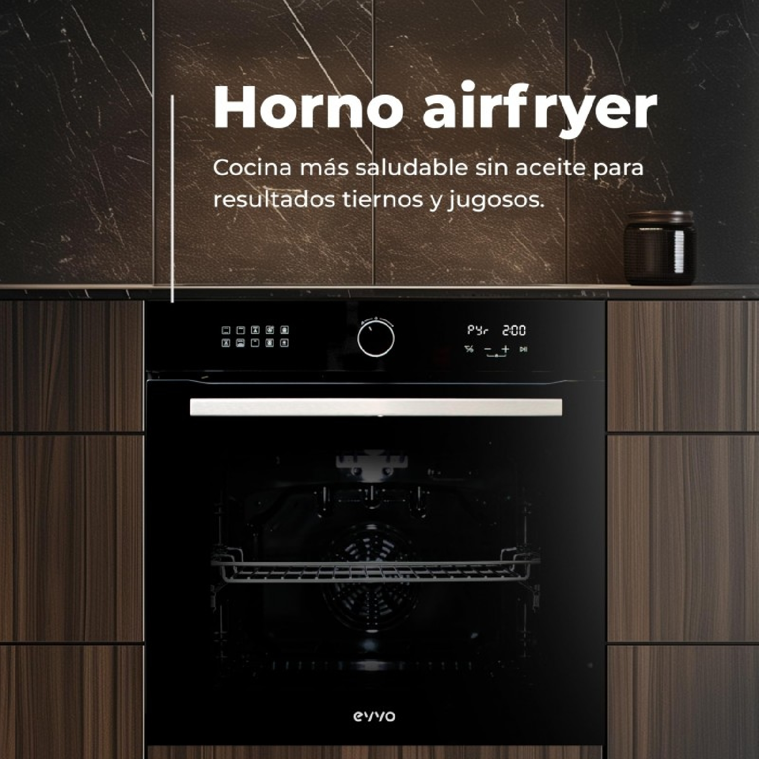 Un horno airfryer empotrable negro en cocina de madera moderna con pantalla digital.