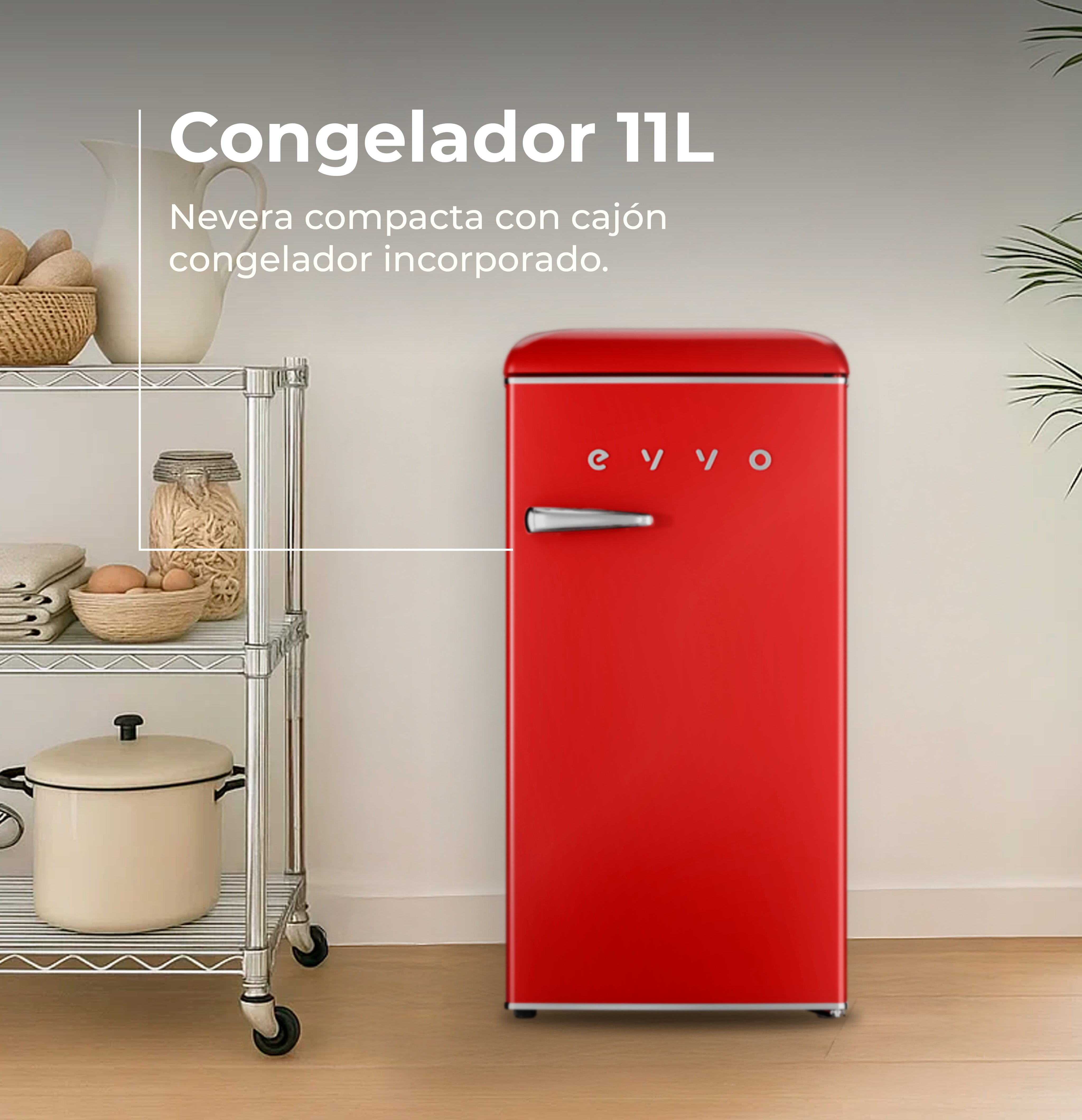 Una nevera roja de estilo retro junto a una estantería metálica con utensilios de cocina.