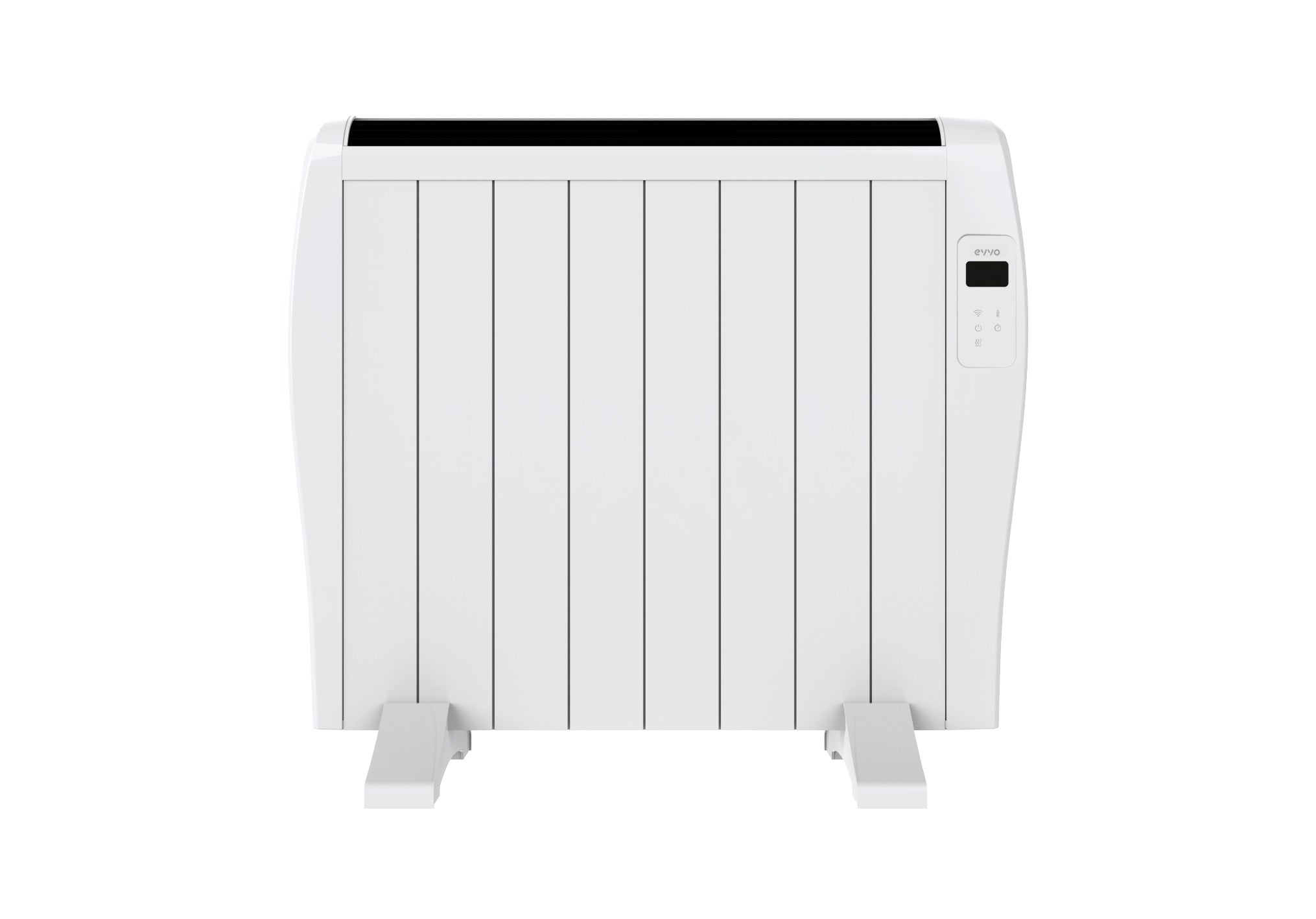 Un radiador eléctrico blanco con aletas verticales y un panel de control digital sobre fondo blanco.