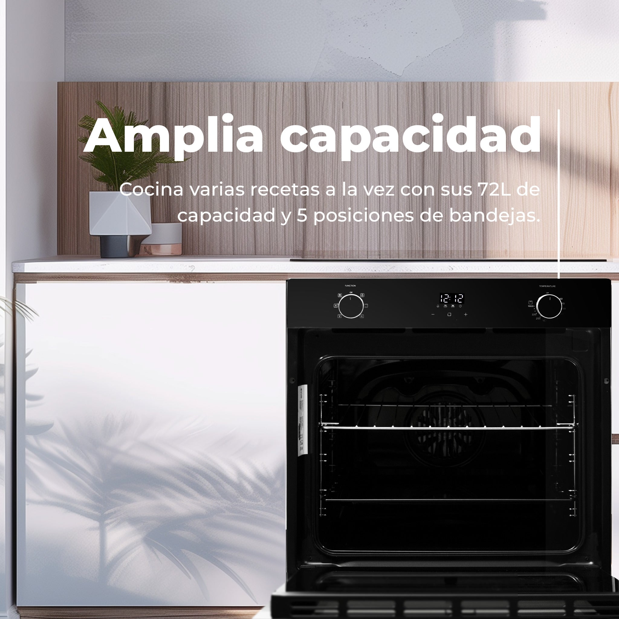 Un horno negro con un compartimento abierto en una cocina moderna, con texto superpuesto.