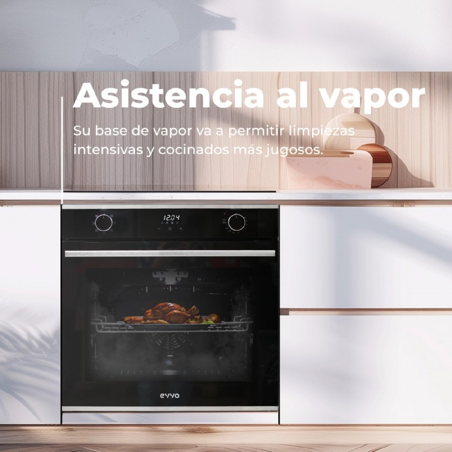 Horno empotrado moderno con función de vapor en cocina blanca, con asado dentro.