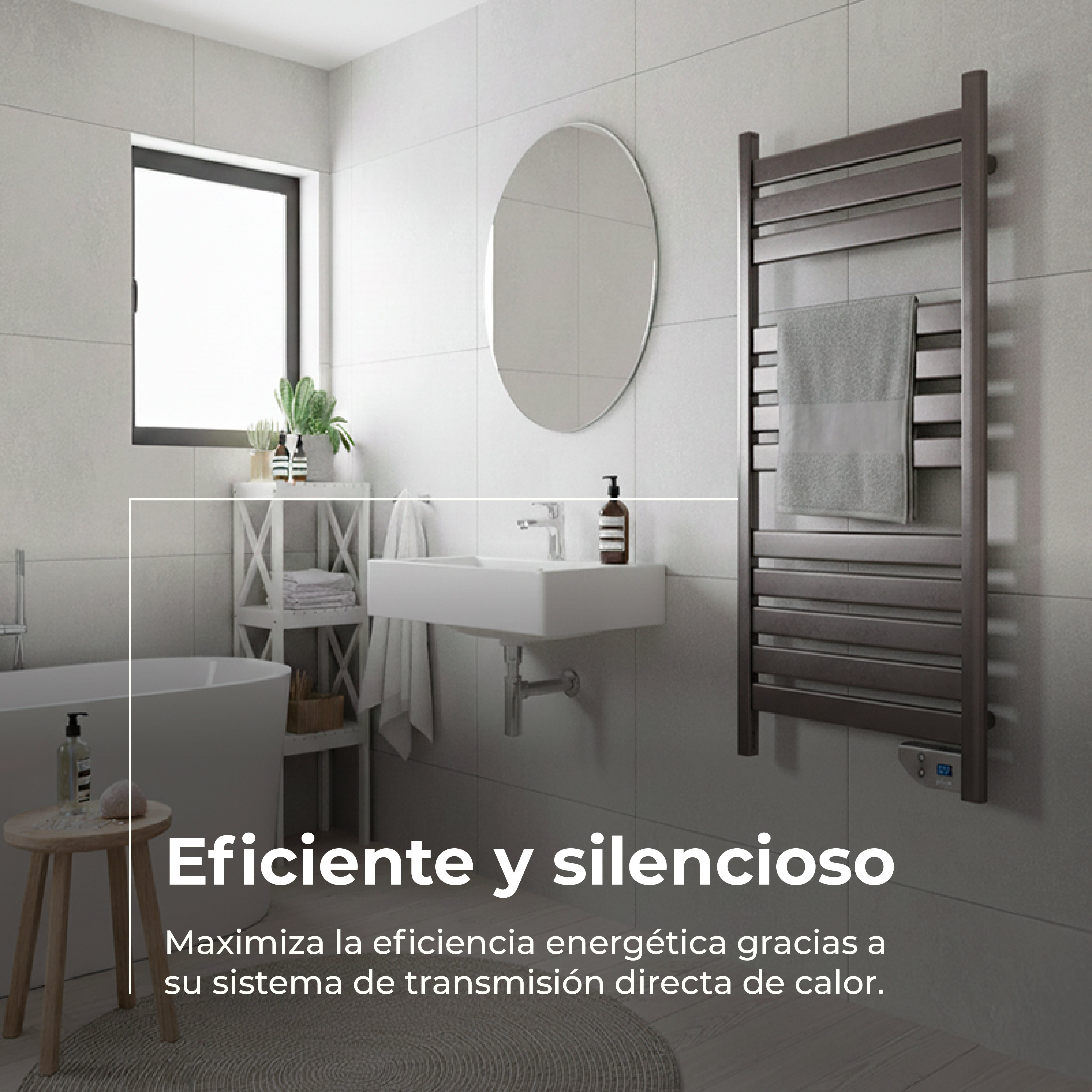 Baño moderno con lavabo blanco, espejo ovalado, radiador toallero y bañera, con texto promocional en español.