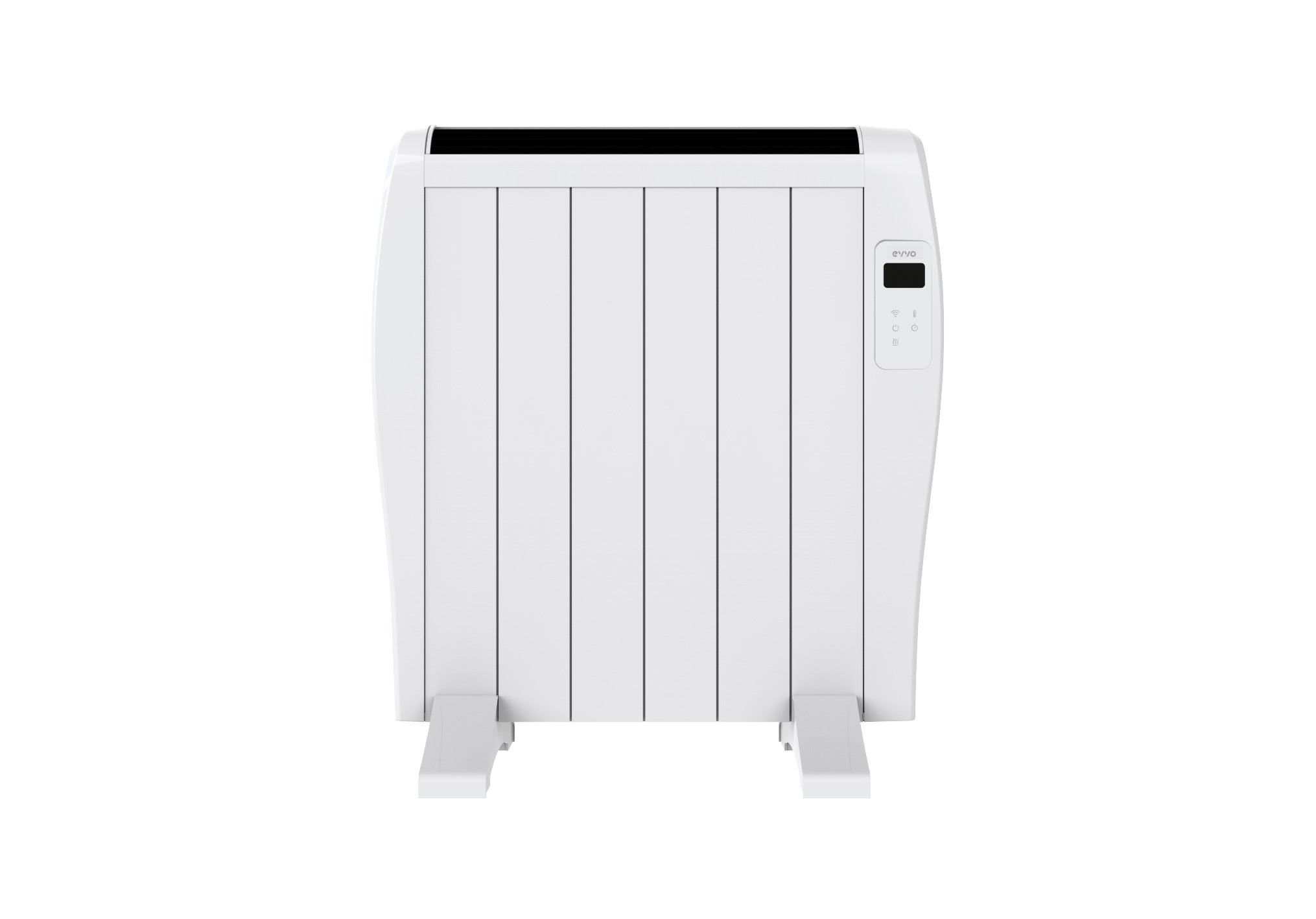 Un radiador eléctrico blanco y moderno con controles digitales y patas de soporte, sobre fondo blanco.