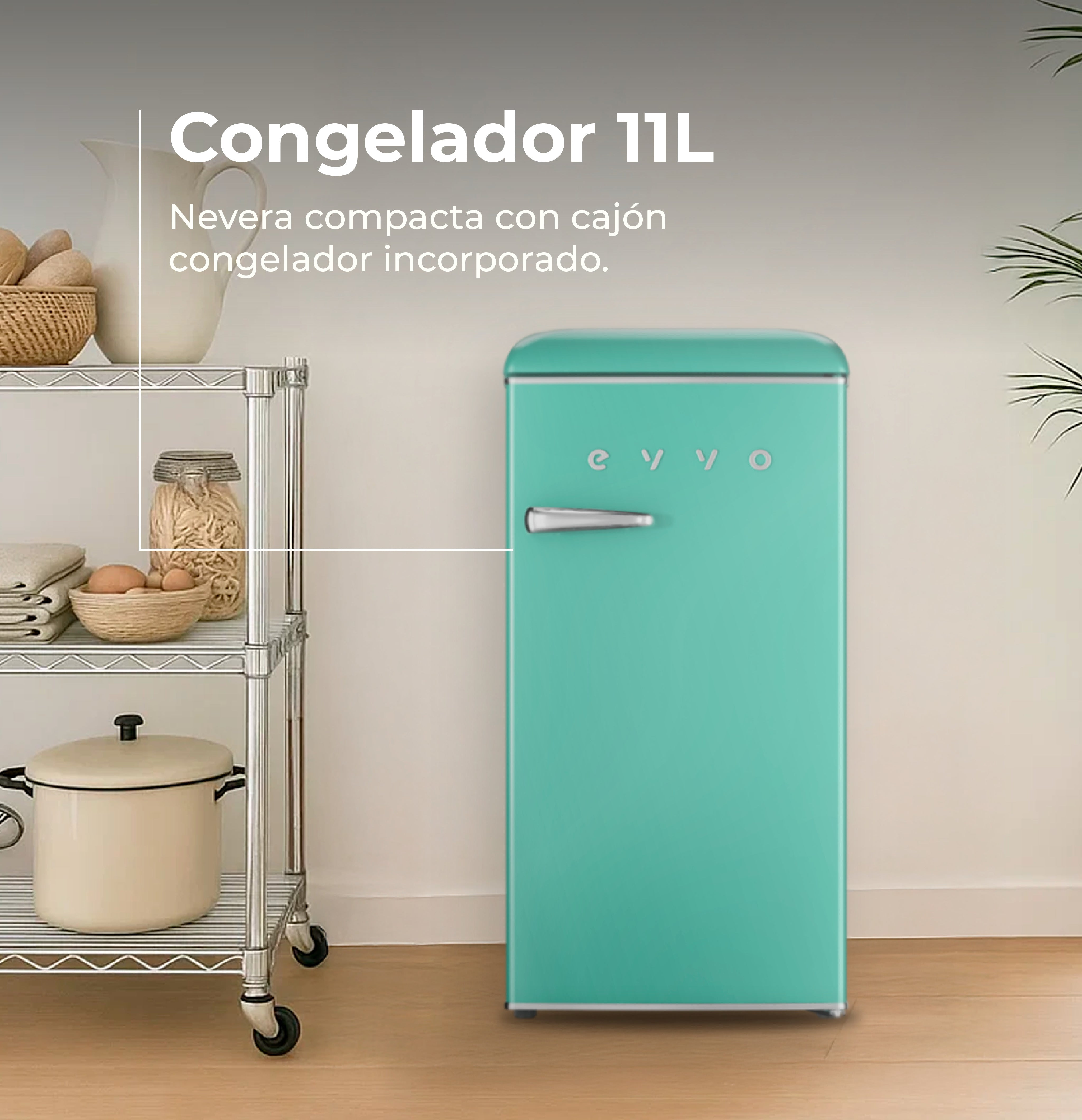 Una nevera retro verde menta junto a una estantería metálica con utensilios de cocina.