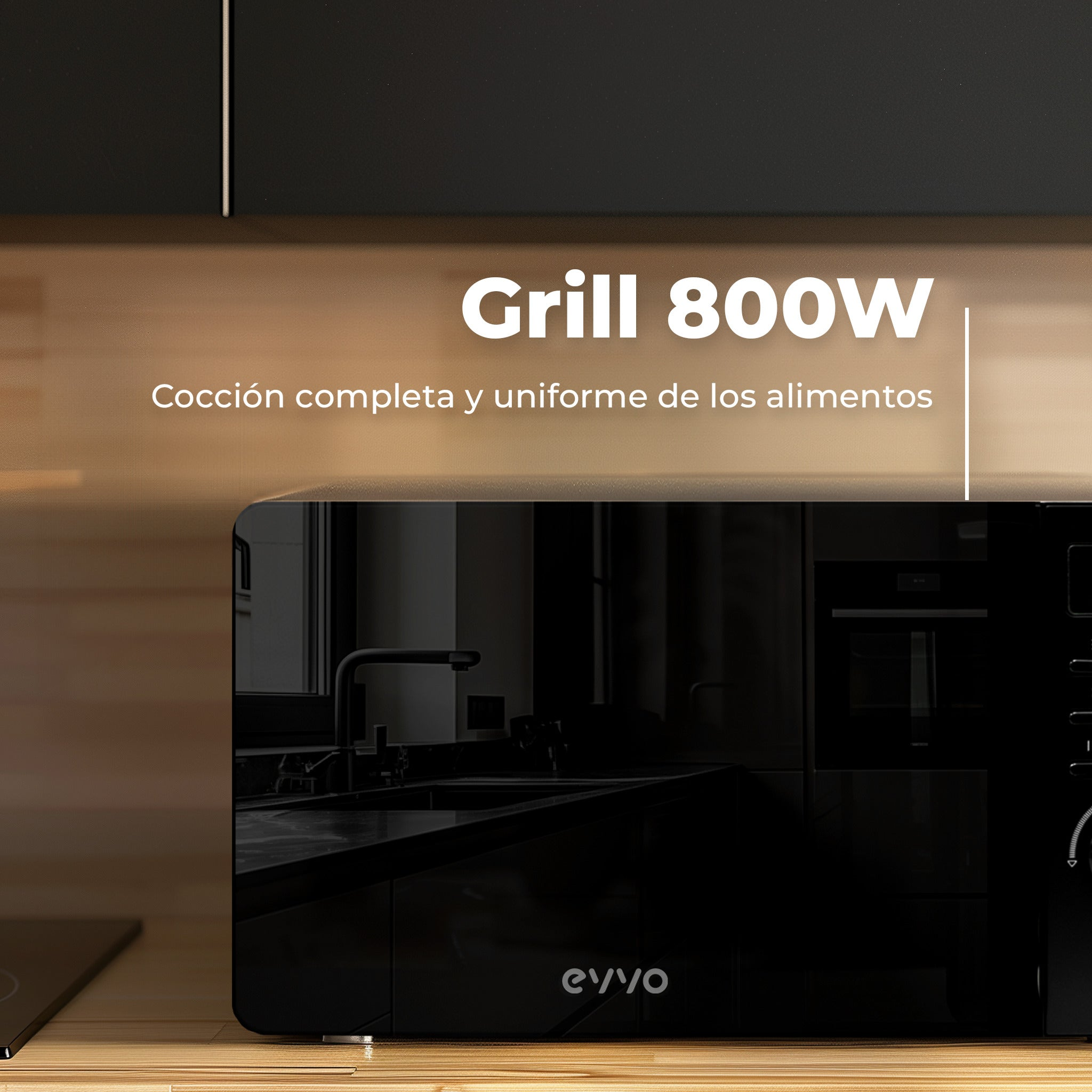 Microonde nero su superficie in legno con testo bianco Grill 800W.