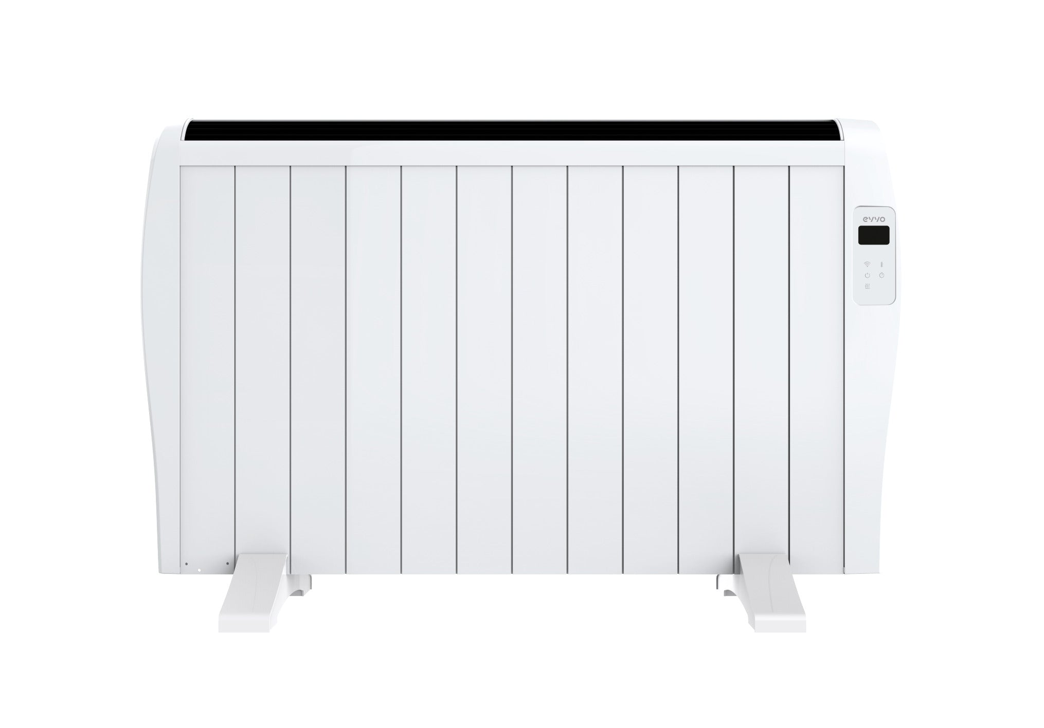 Un radiador eléctrico blanco con diseño acanalado y patas sobre fondo blanco.