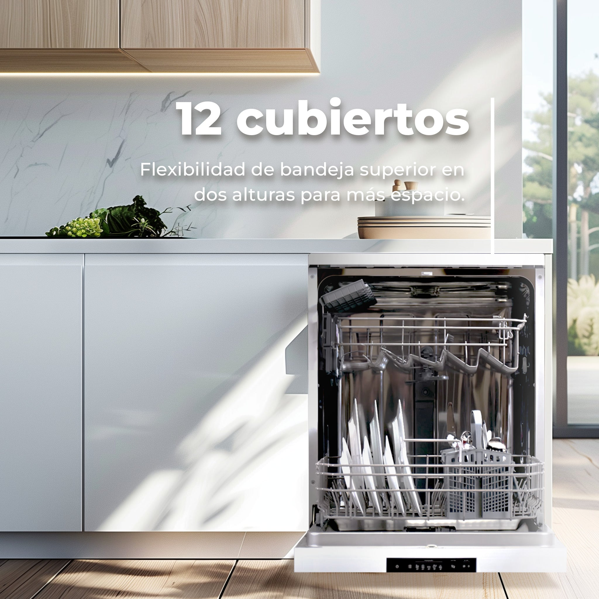 Lavavajillas blanco abierto con platos en una cocina moderna con texto superpuesto.