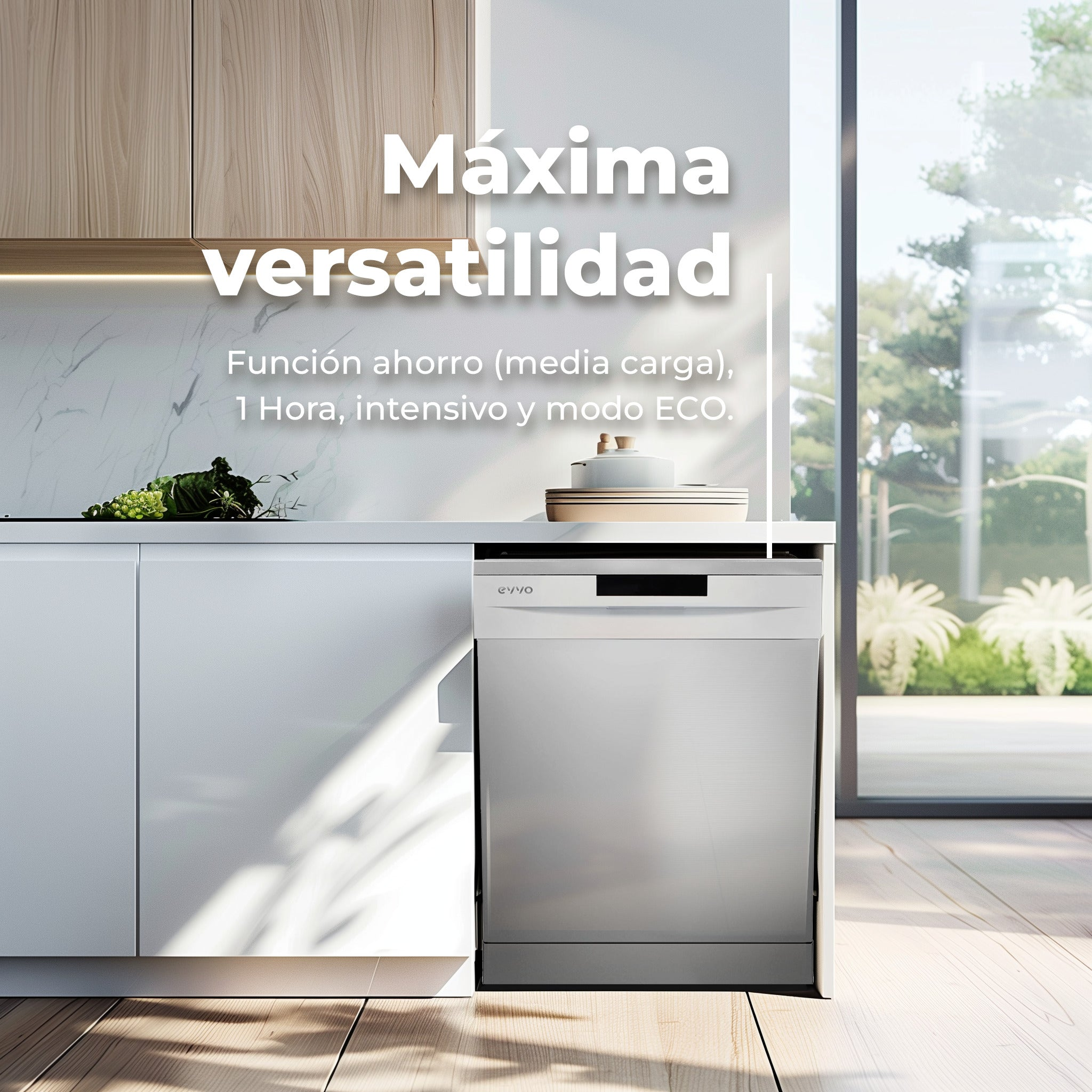 Cocina moderna con lavavajillas integrado y texto sobre versatilidad.