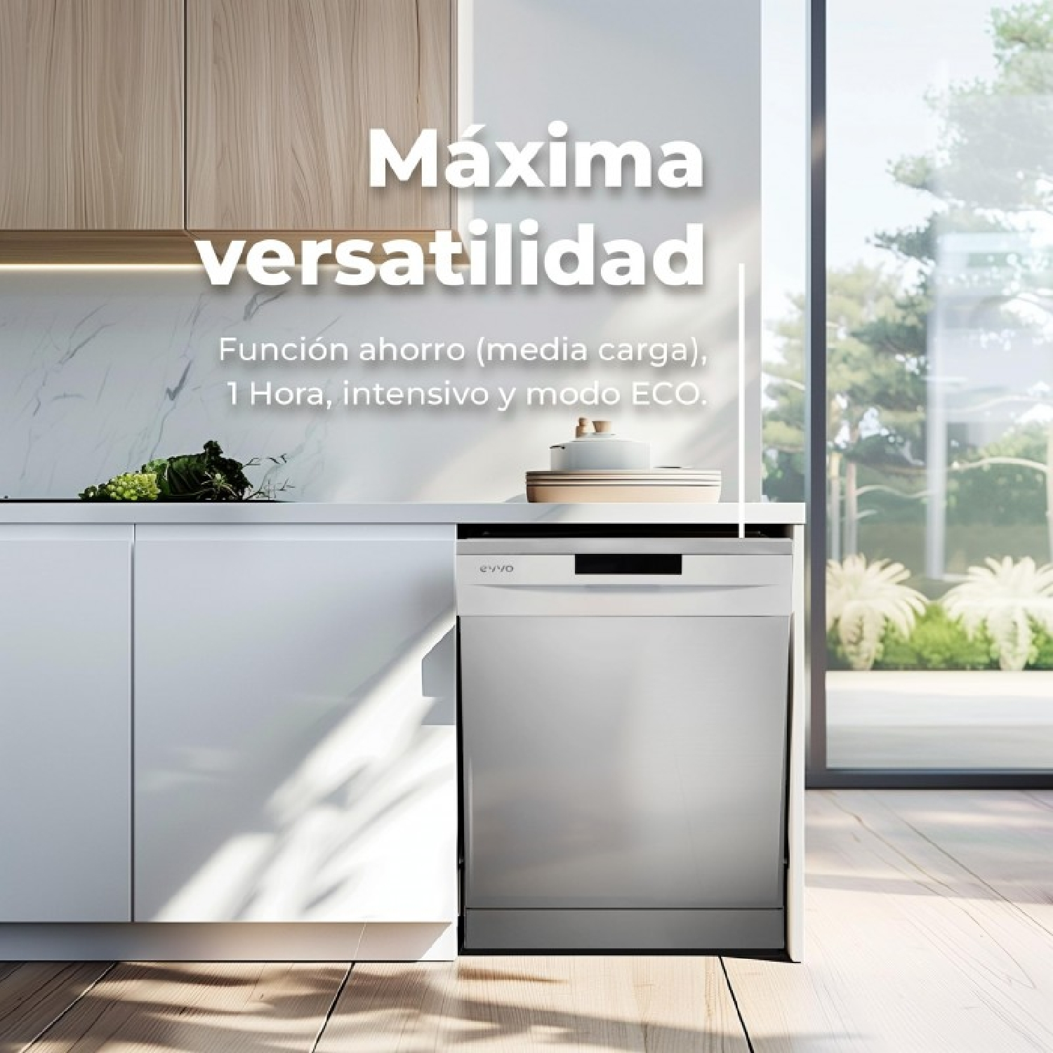 Lavavajillas blanco moderno en cocina luminosa con acentos de madera y texto.
