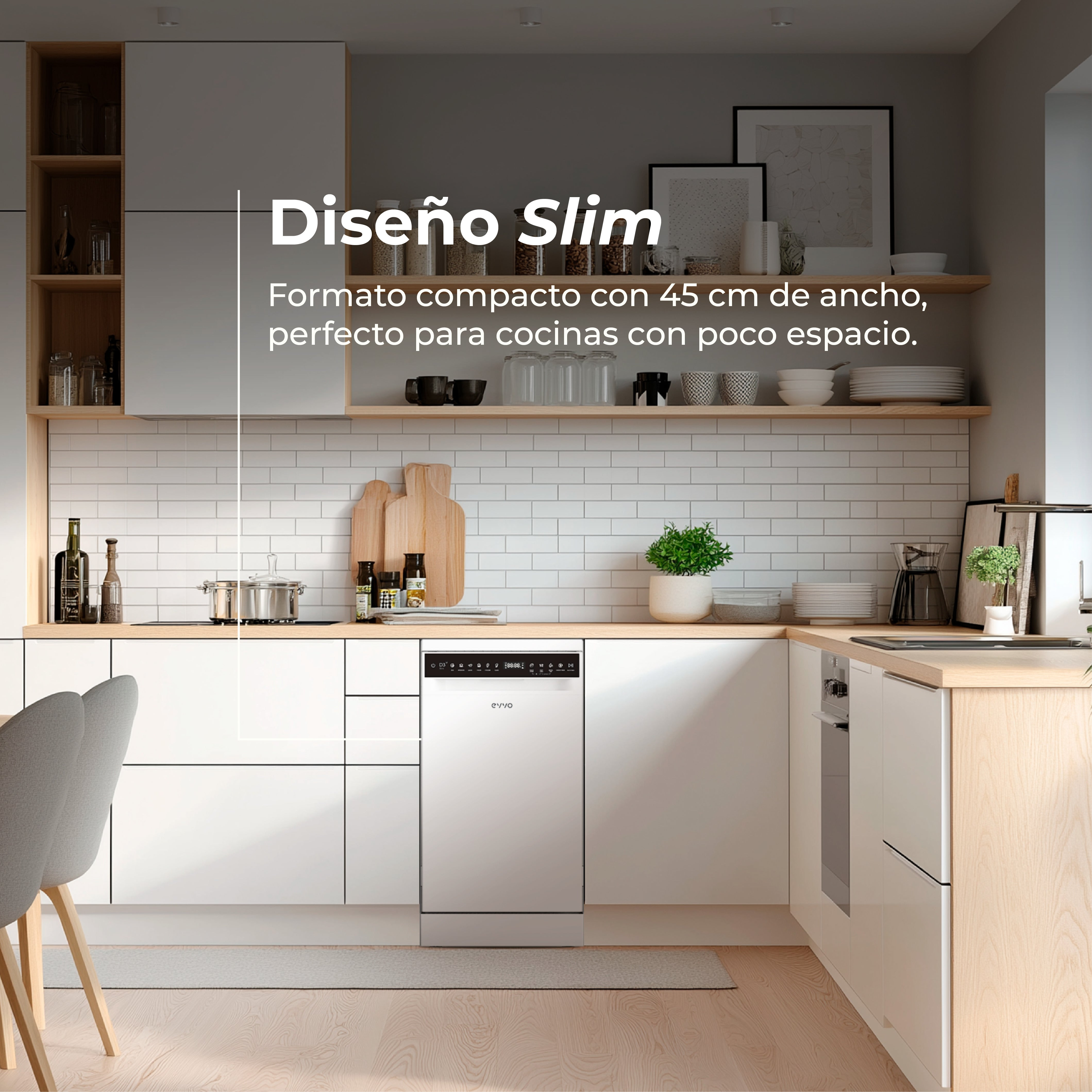 Cocina moderna con armarios blancos, estanterías y un lavavajillas blanco estrecho centrado.