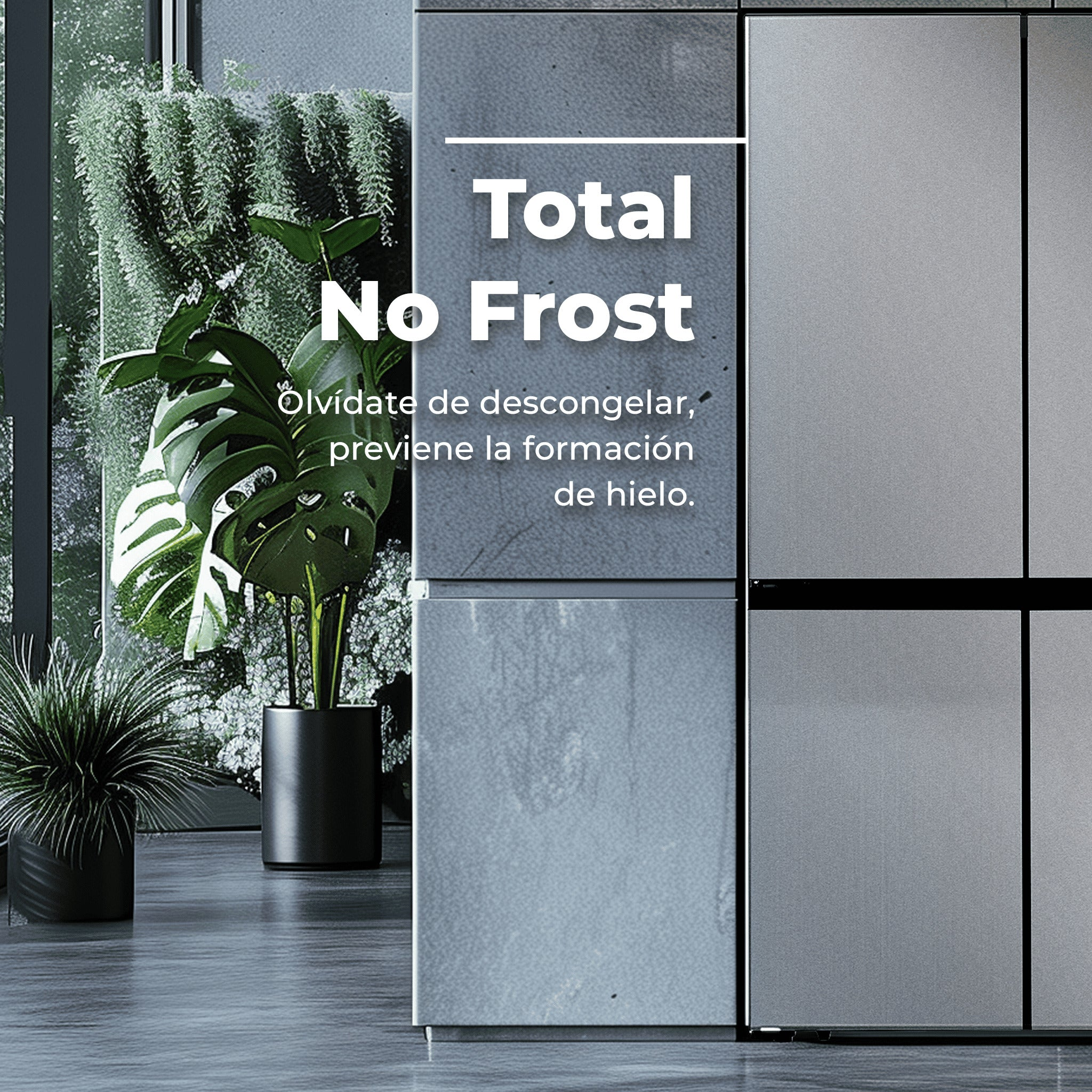 Nevera gris moderna con texto Total No Frost y plantas verdes al fondo.