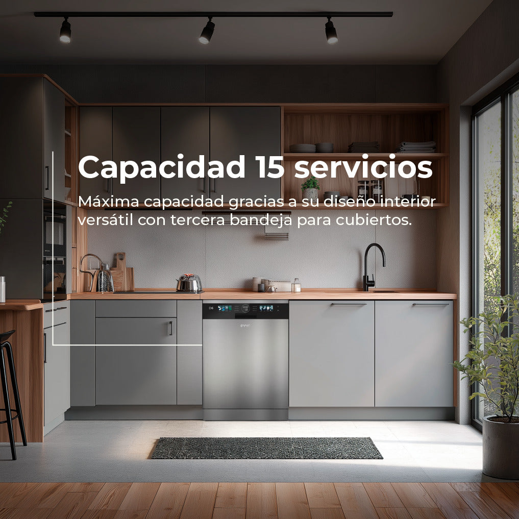 Cocina moderna con lavavajillas gris, encimera de madera, armarios y texto superpuesto.