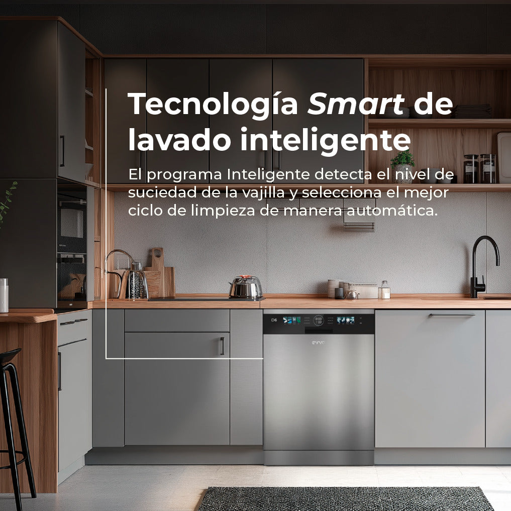 Cocina moderna con lavavajillas gris y encimeras de madera. Texto superpuesto en español sobre tecnología de lavado.