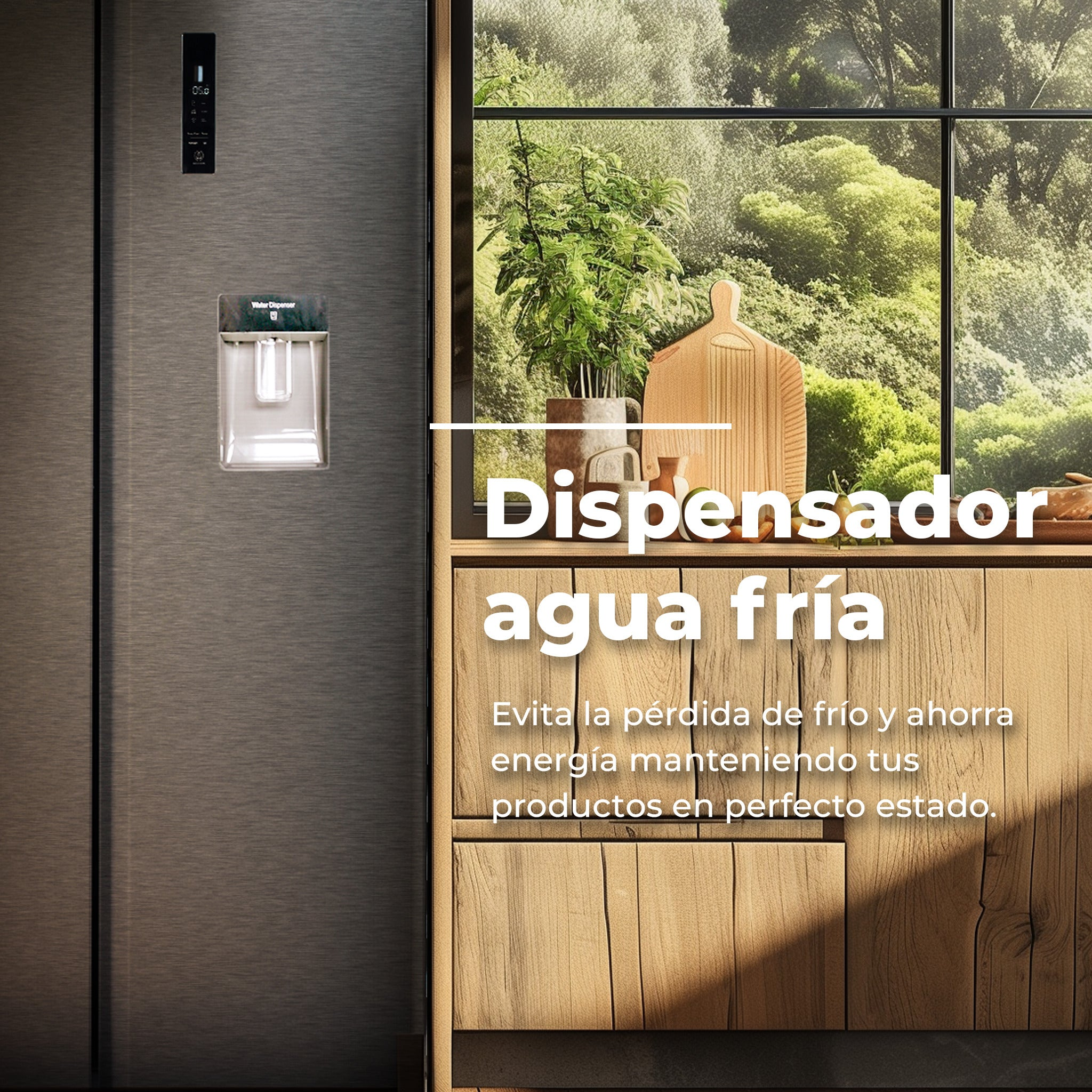 Frigorífico de acero inoxidable con dispensador de agua en una cocina moderna de madera.