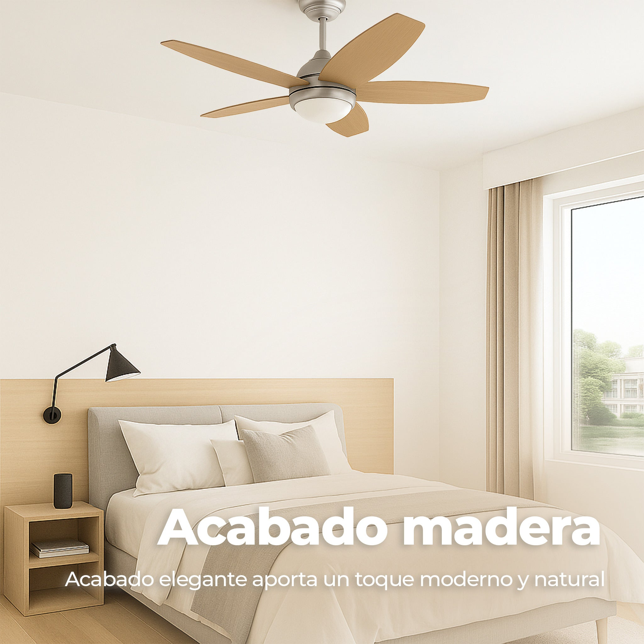 Dormitorio moderno con cama de madera, lámpara de pared y ventilador de techo de madera.