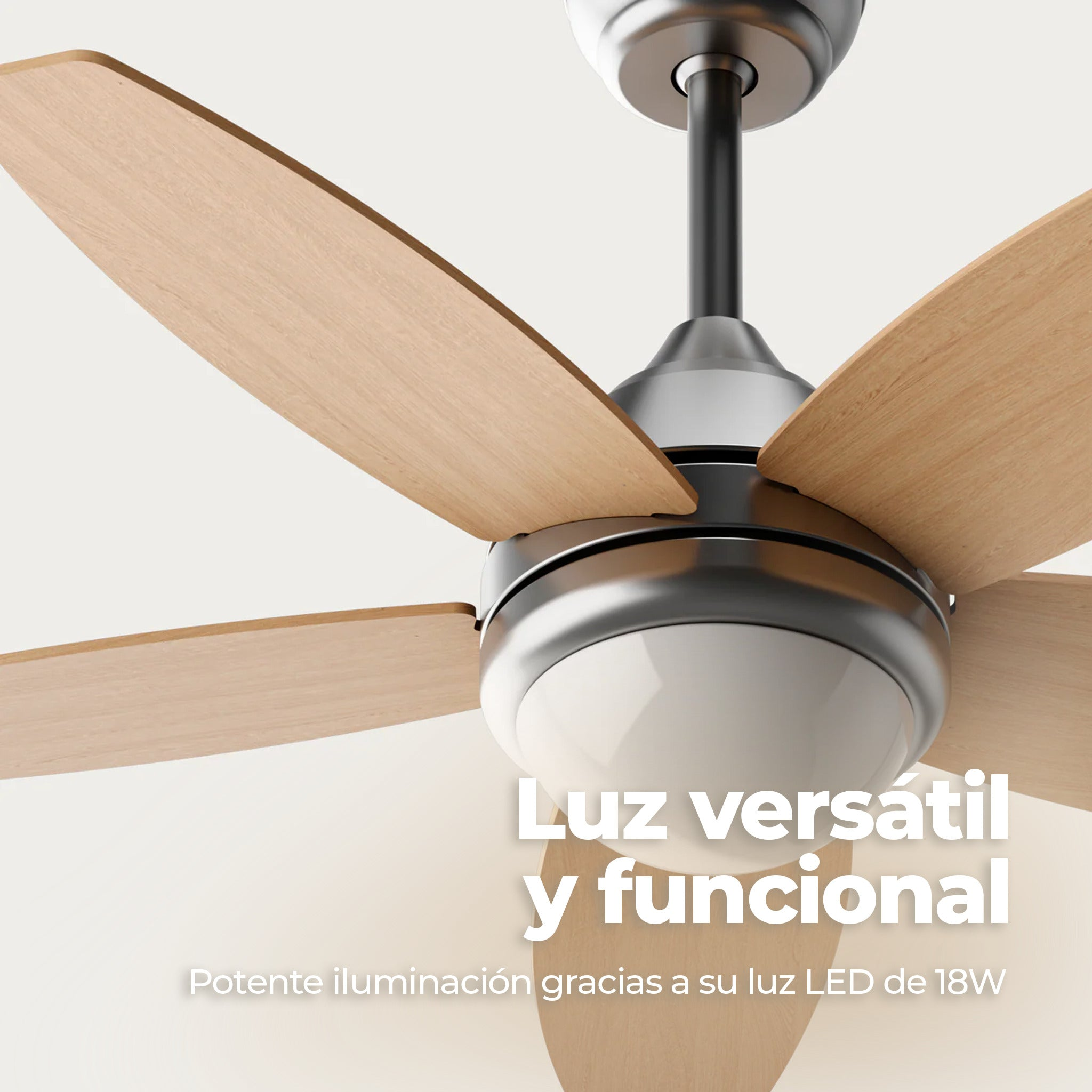 Ventilador de techo moderno con aspas de madera y luz LED redonda.