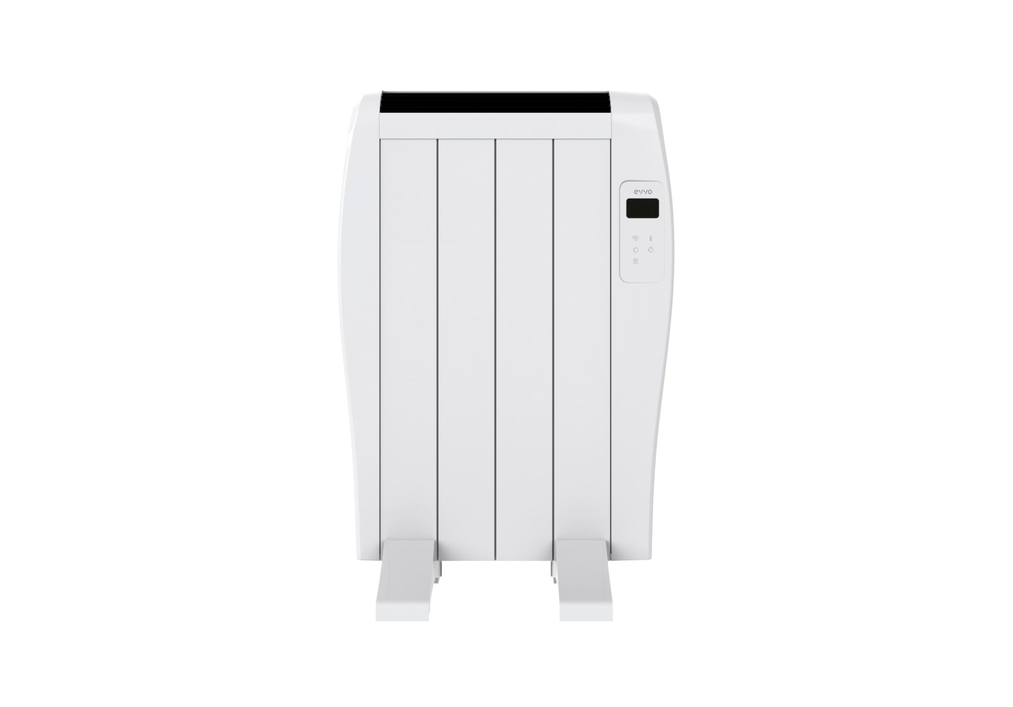 Un radiador de aceite eléctrico blanco se encuentra en posición vertical contra un fondo blanco liso, con una pantalla digital.