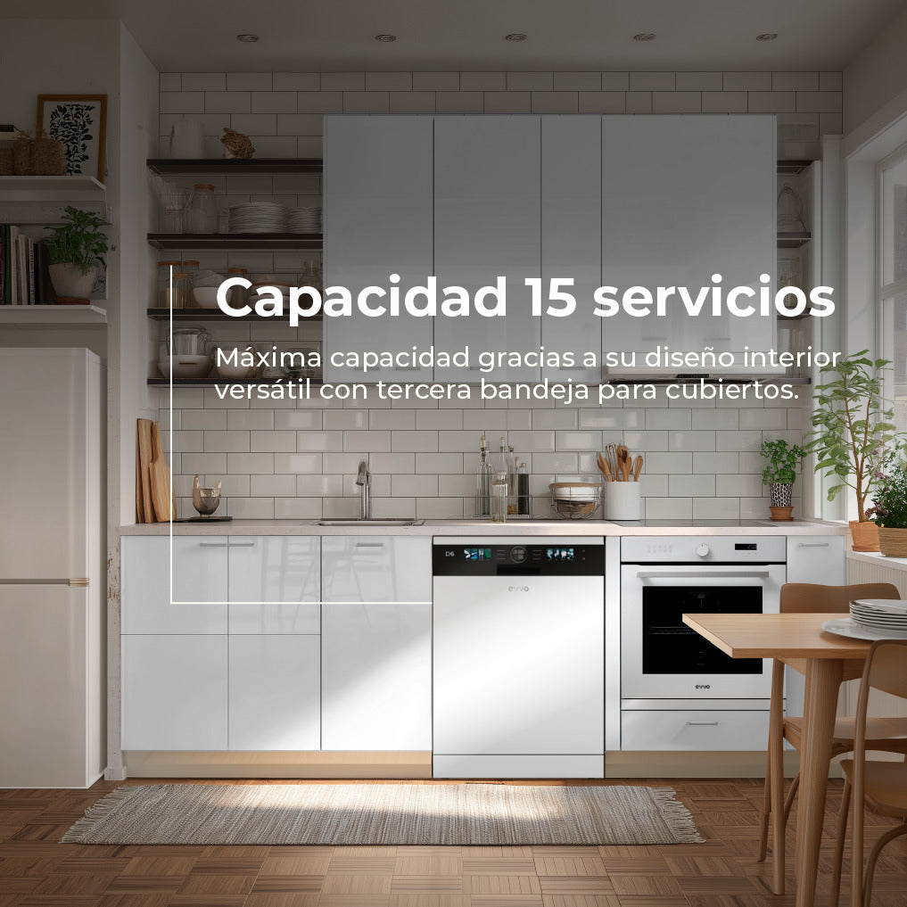 Una cocina moderna y blanca con lavavajillas integrado, gabinetes blancos y suelo de madera.