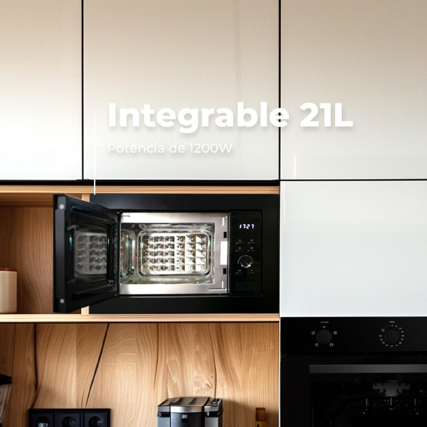 Microondas integrable de 21L y 1200W de potencia integrado en muebles de cocina modernos.