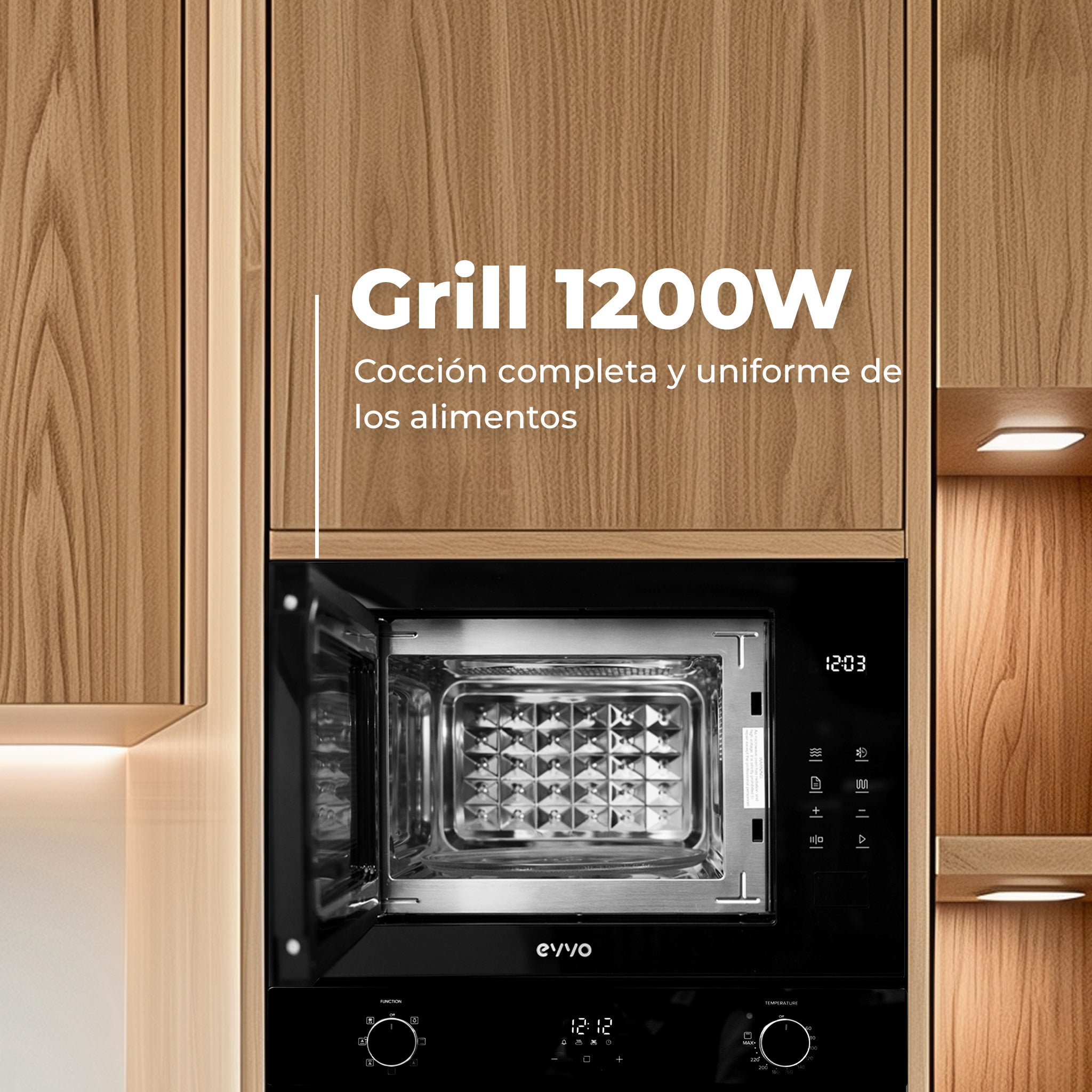 Mobili da cucina in legno con forno a microonde nero integrato e funzione grill.