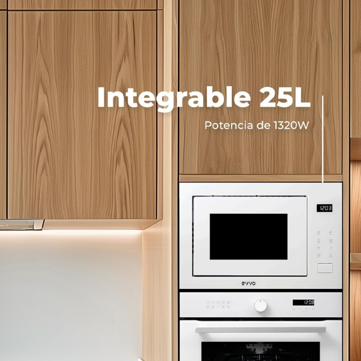 Microonde e forno bianchi da incasso sotto mobili da cucina in legno.