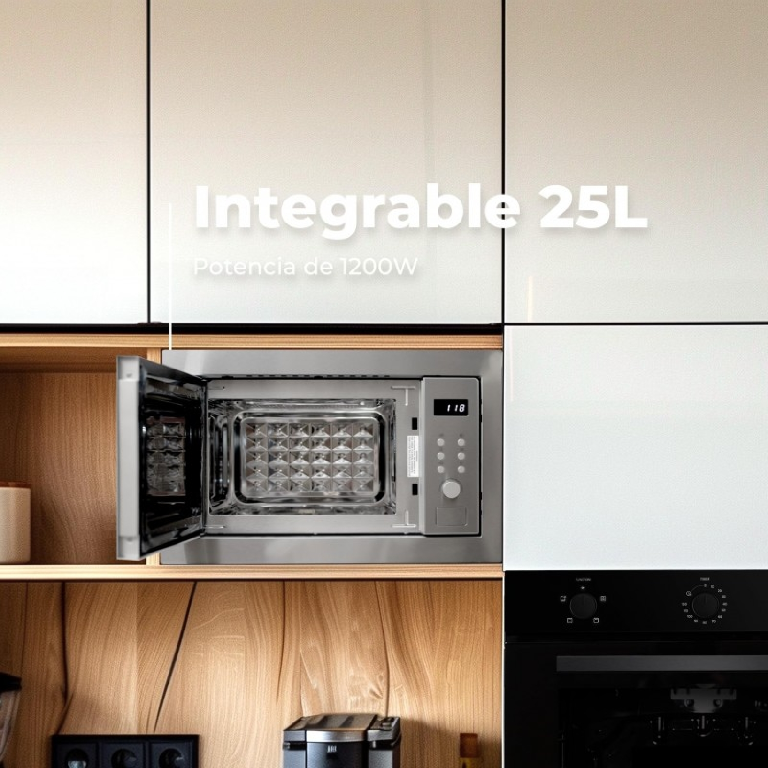 Microonde a incasso nei mobili della cucina con porta aperta e testo 'Integrable 25L'.