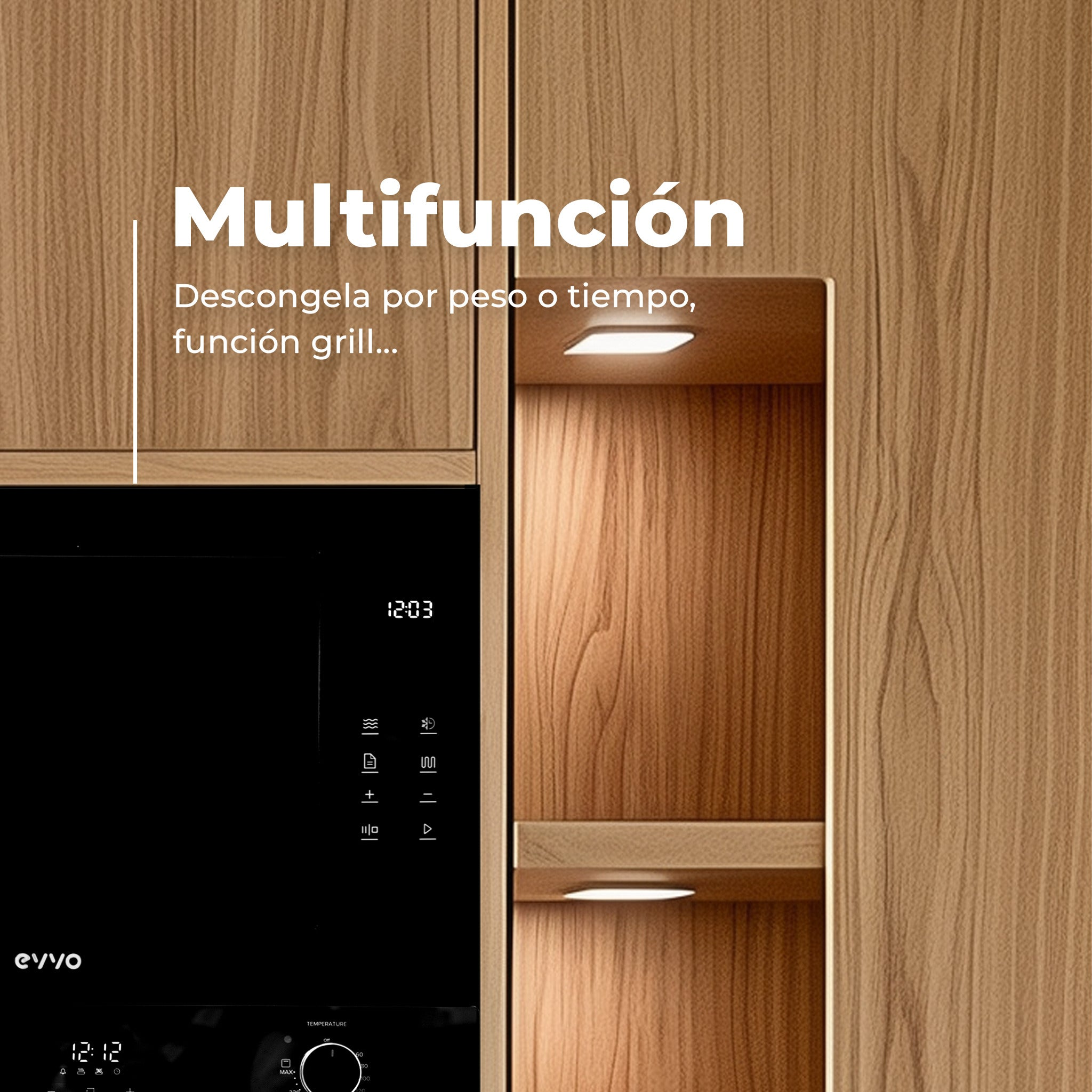 Moderni mobili da cucina in legno con microonde nero e illuminazione integrata.