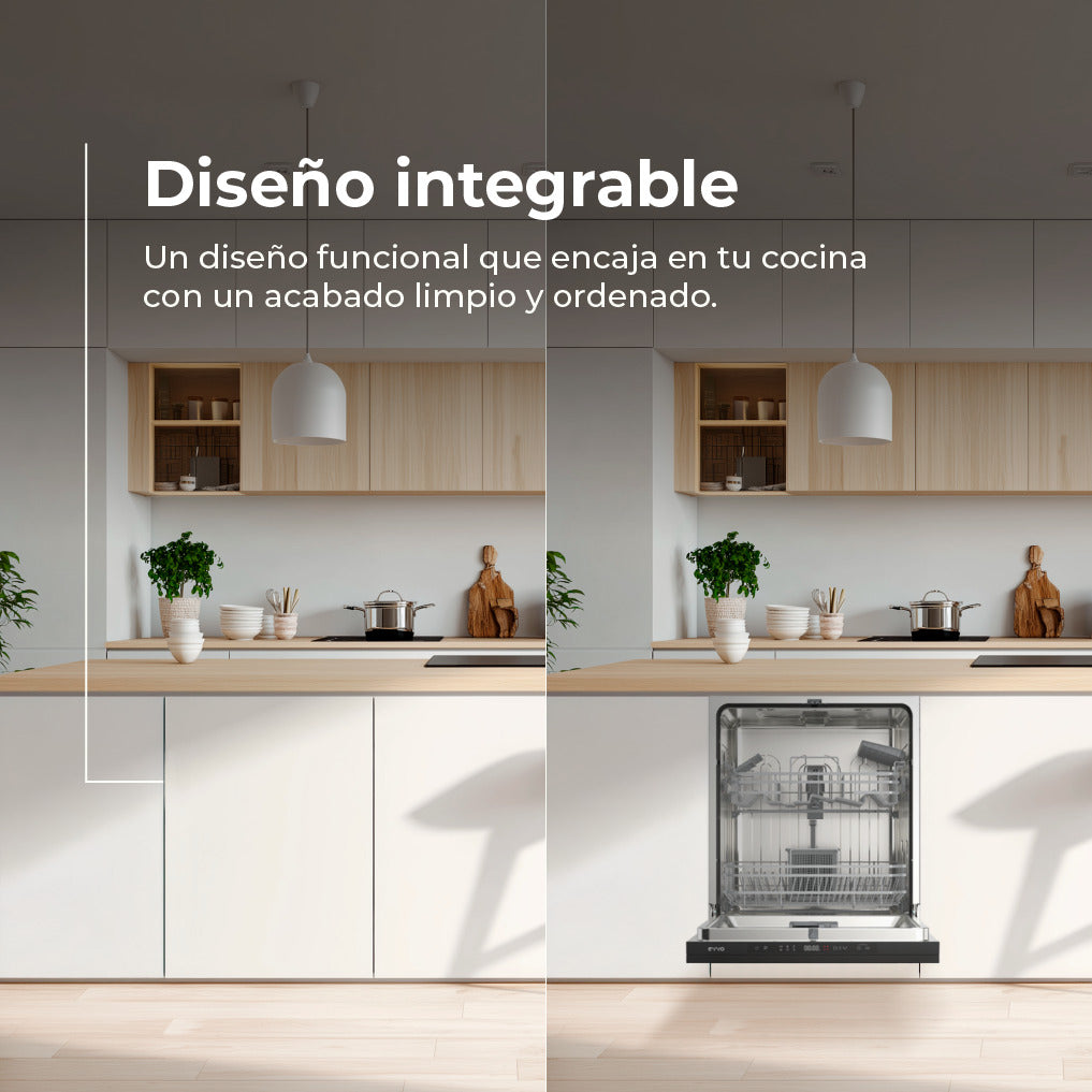 Cocina moderna con un lavavajillas integrable, mostrado cerrado y abierto.