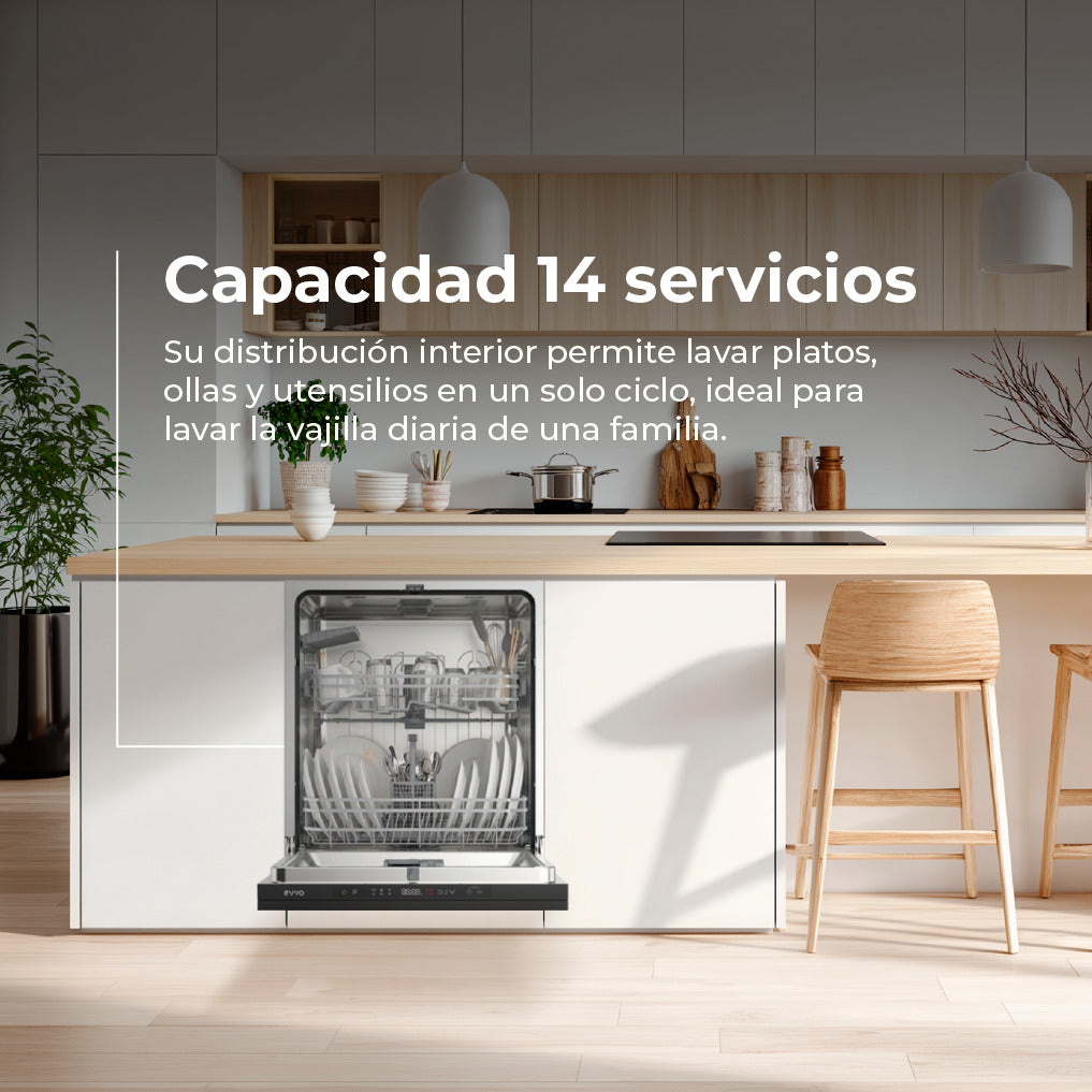 Cocina moderna con lavavajillas integrado y texto sobre capacidad y distribución interior.
