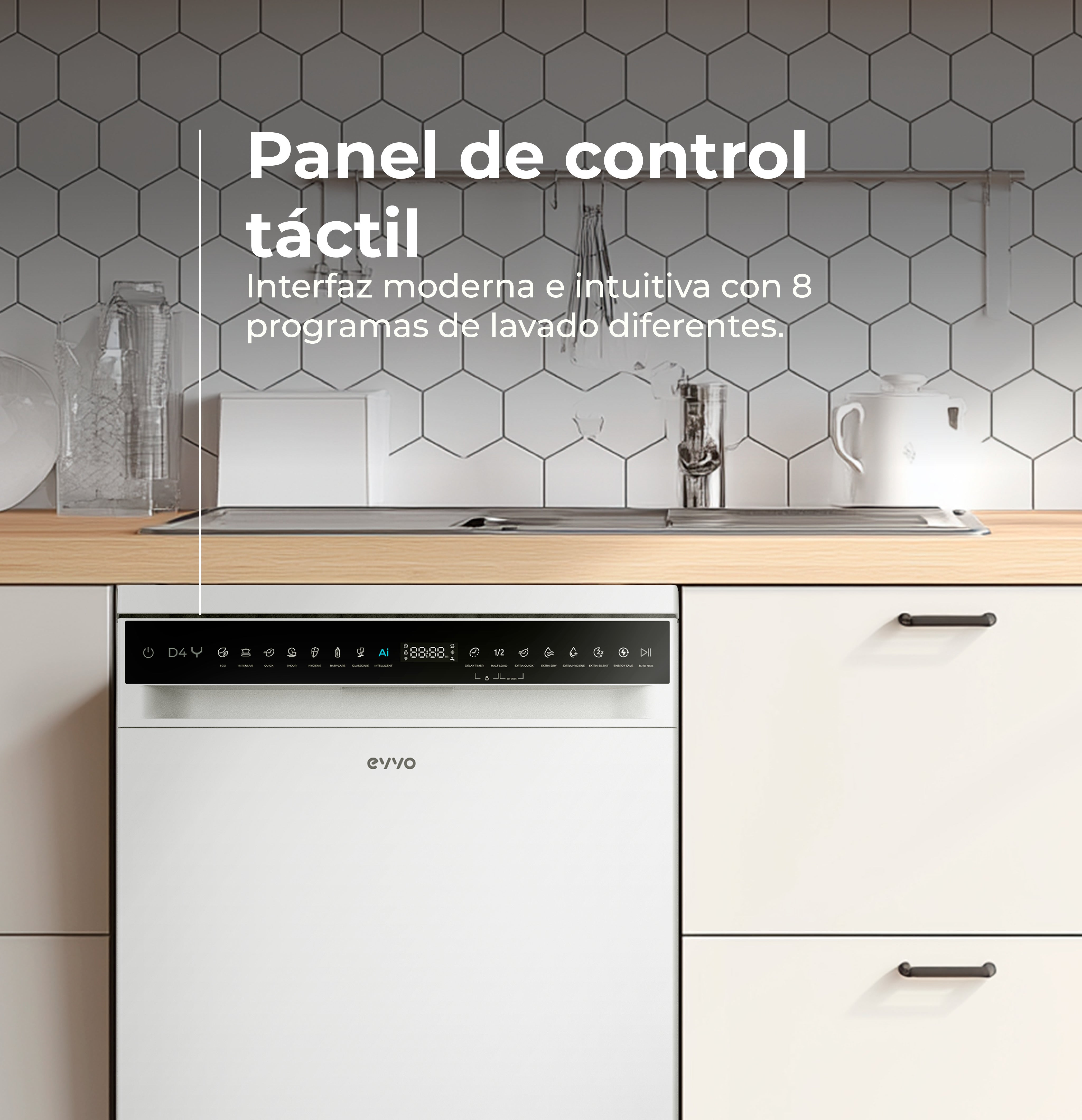 Lavavajillas blanco moderno con panel táctil y texto en una cocina con azulejos grises.