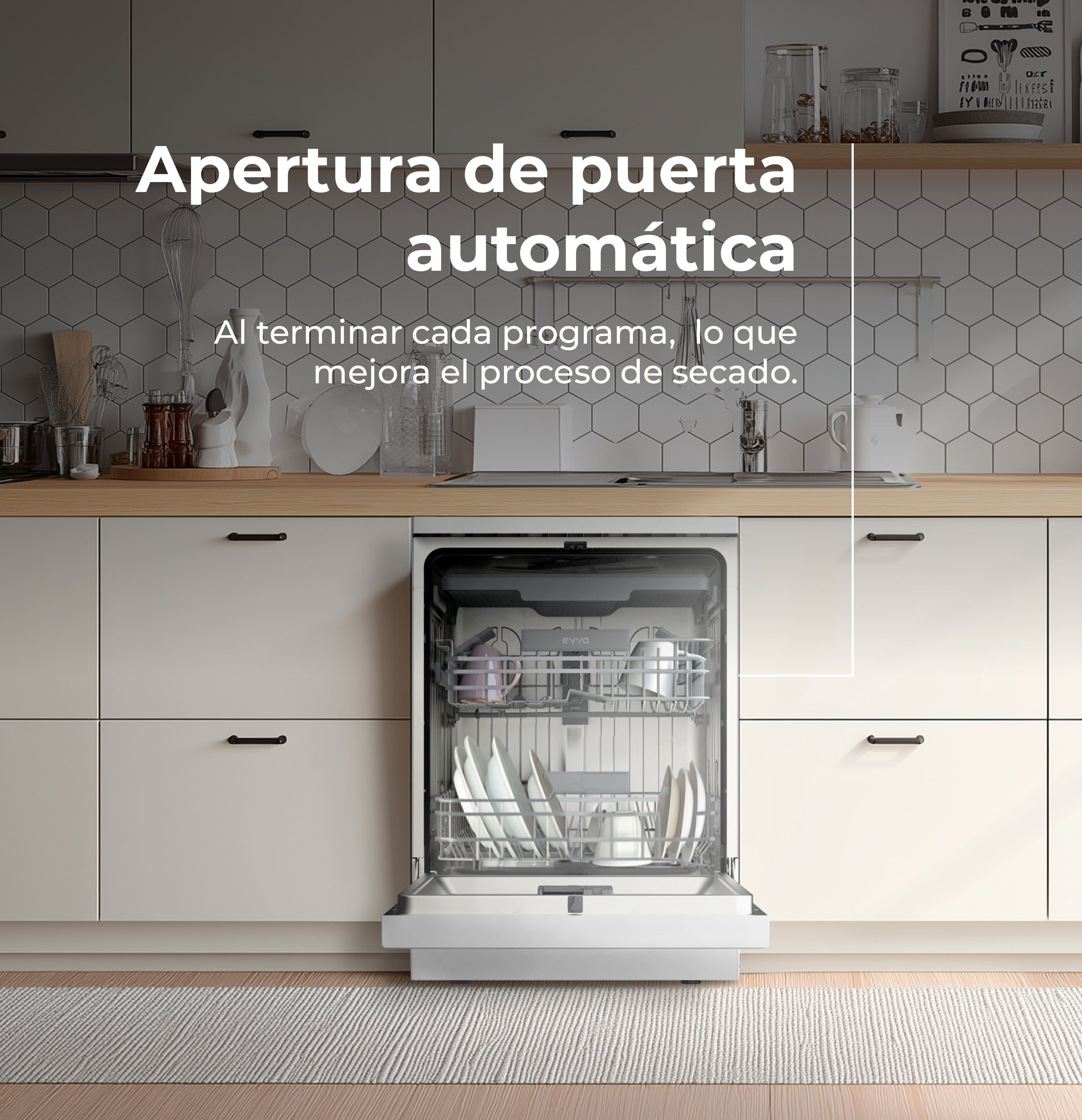 Lavavajillas abierto en una cocina moderna con armarios blancos y encimera de madera.