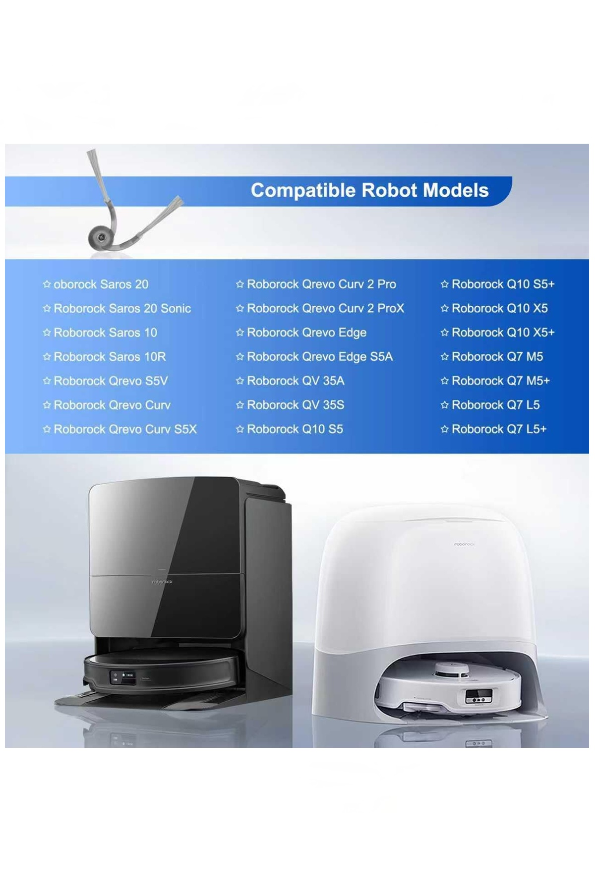 Siyah ve beyaz renkli iki vakumlu şarj istasyonu ile uyumlu robot modelleri listesi.