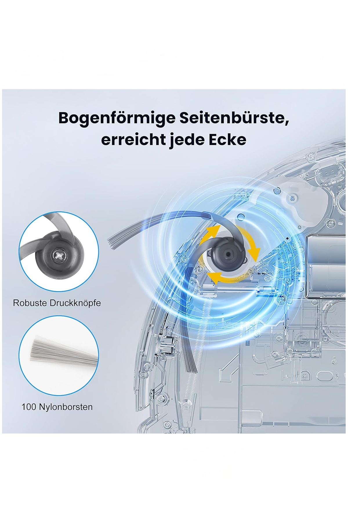 Kavisli tasarıma, çıtçıtlı düğmelere ve 100 naylon kıla sahip robot süpürge yan fırçası diyagramı.