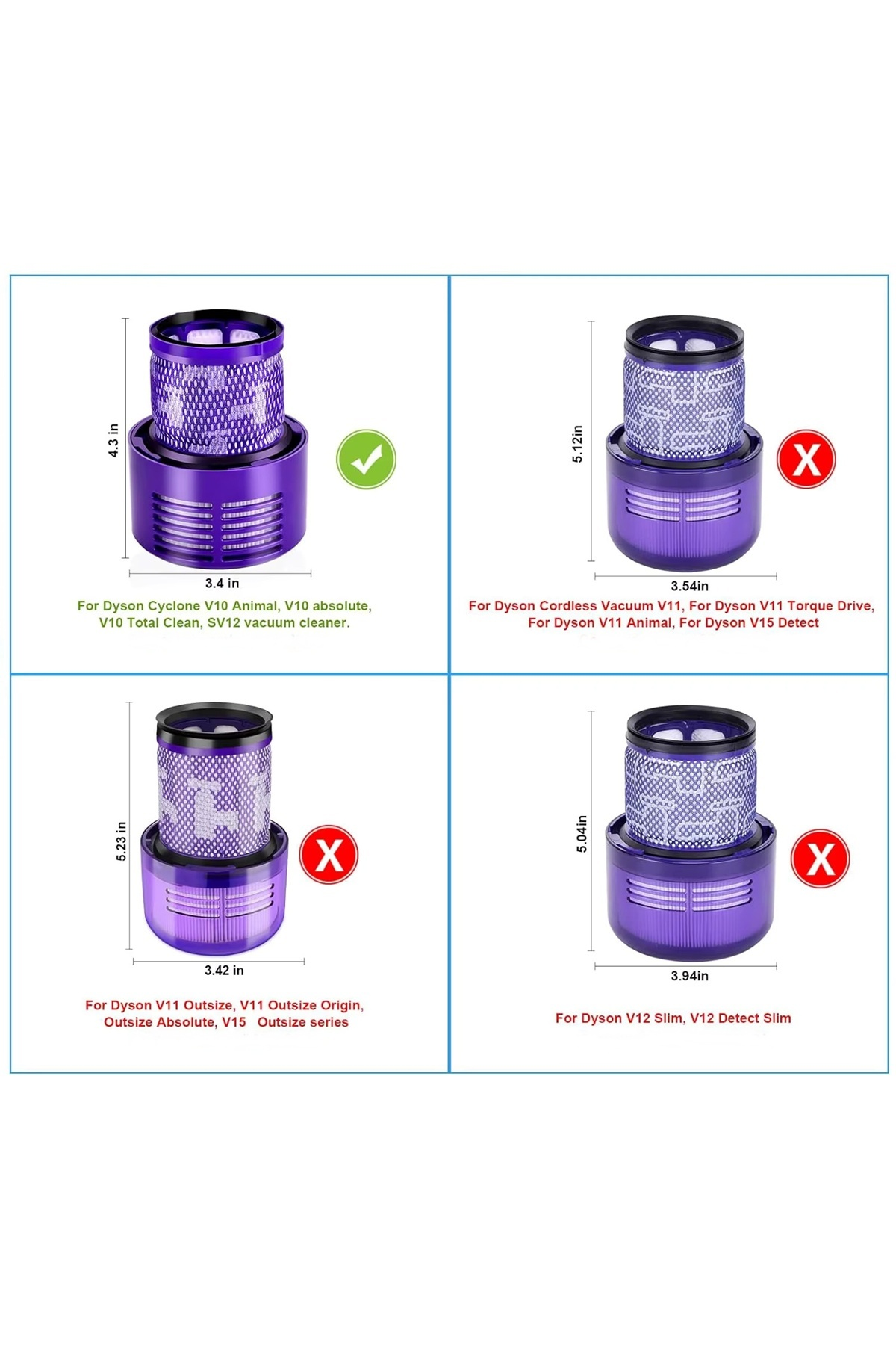 Boyutları ve uyumluluk detaylarıyla dört Dyson elektrikli süpürge filtre modeli, biri doğru olarak işaretlenmiş.