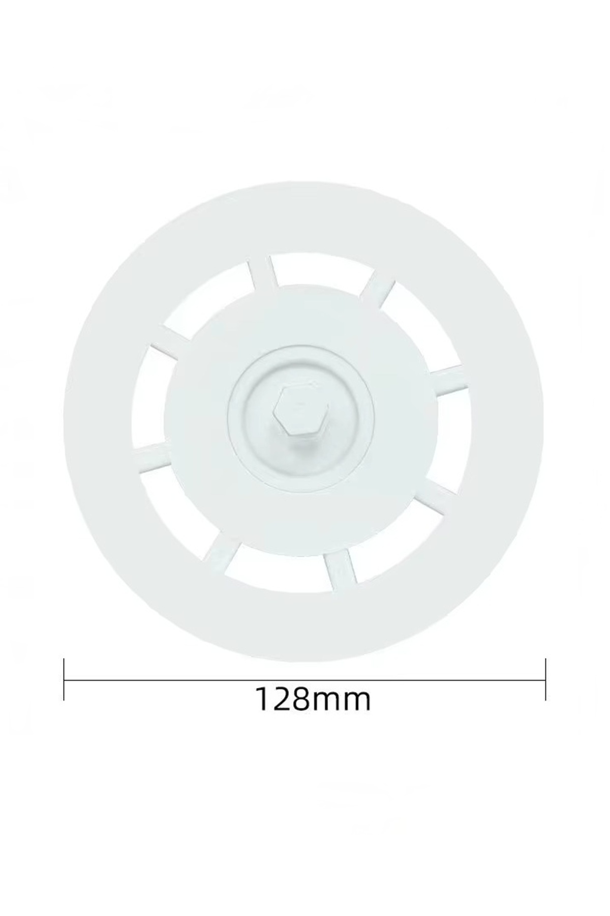 Işın detaylı ve merkezinde altıgen somun bulunan, 128mm çapında beyaz yuvarlak tekerlek.