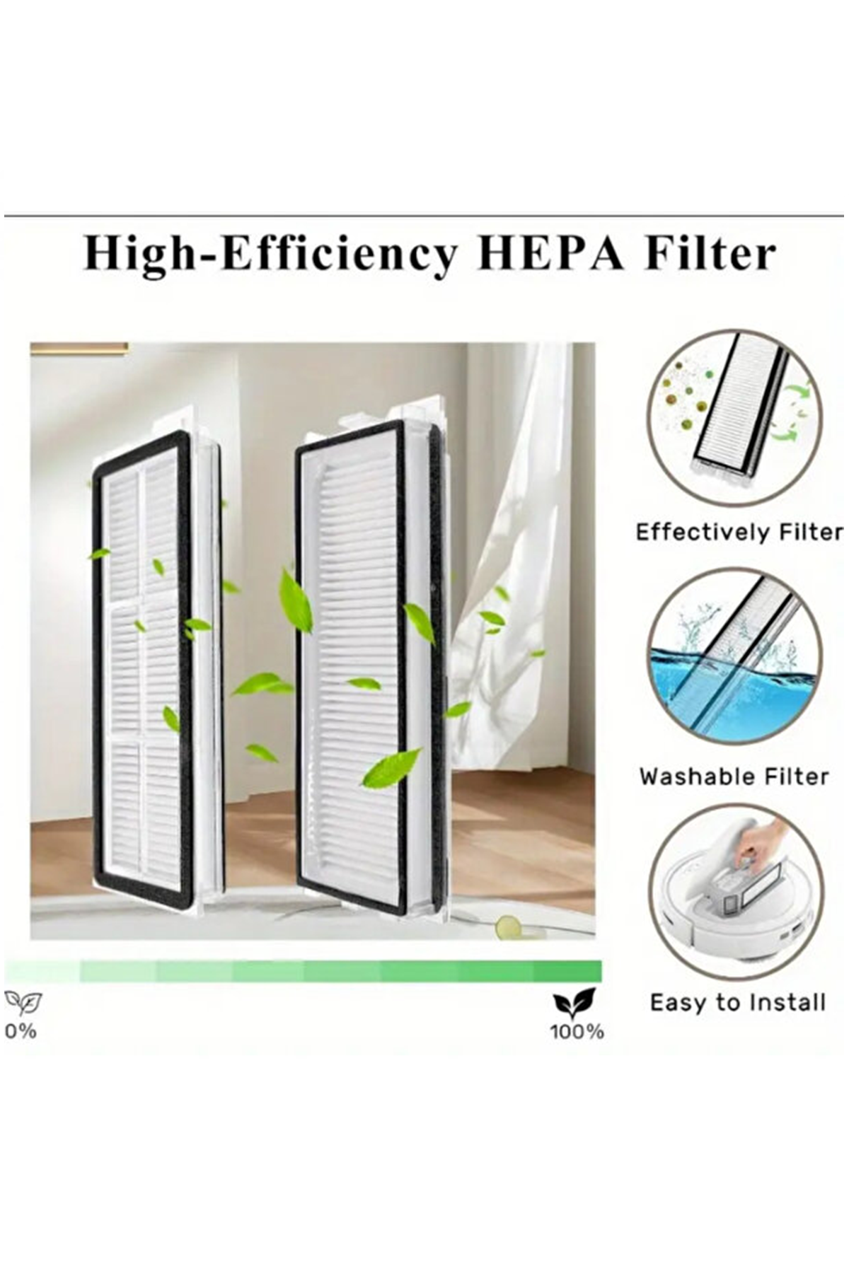 Yapraklar ve filtreleme, yıkanabilirlik ve kolay montajı gösteren üç daire içeren iki filtreli HEPA filtre reklamı.