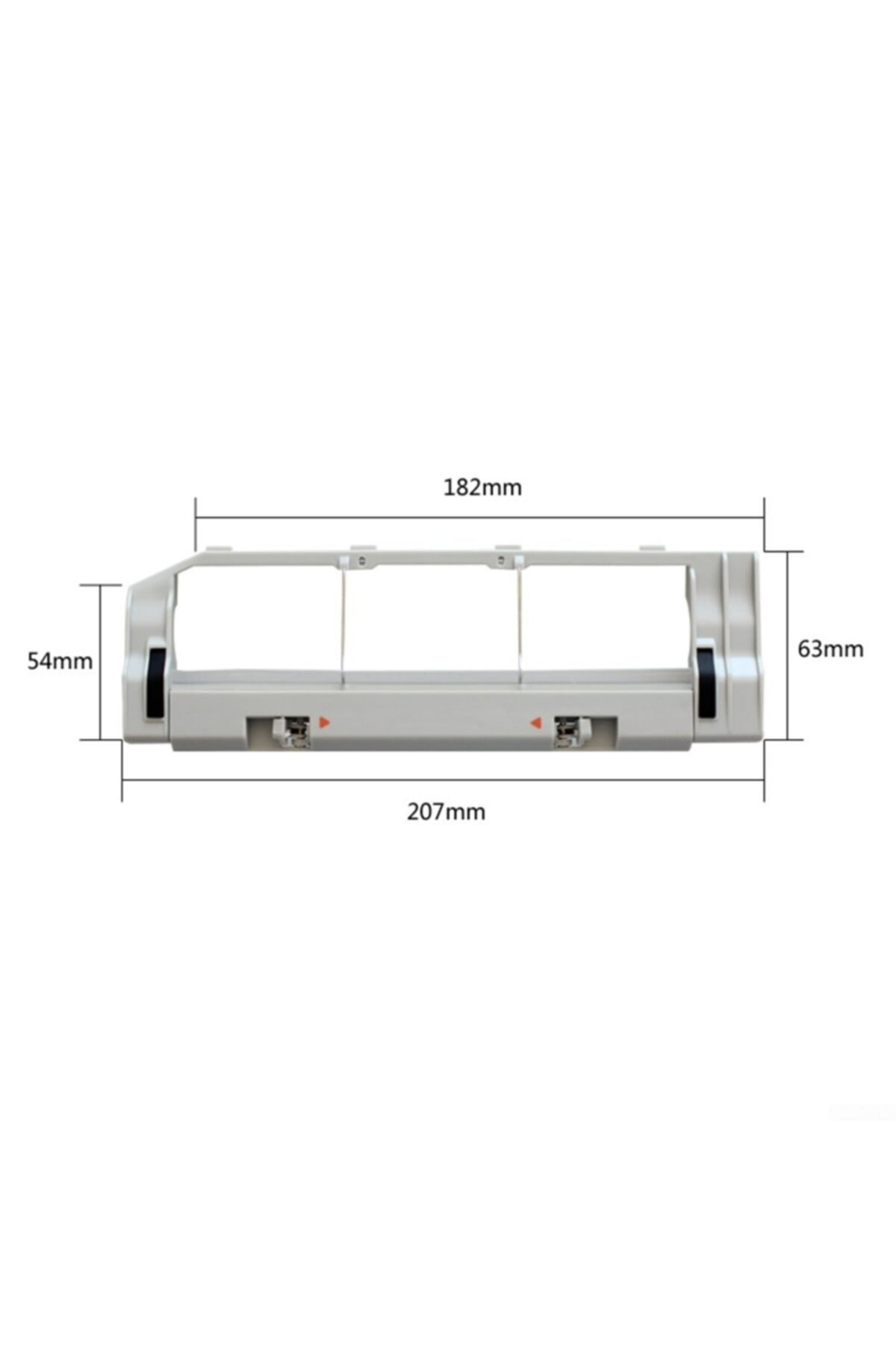 Beyaz arka planda 182mm, 207mm, 54mm ve 63mm ölçü etiketlerine sahip gri dikdörtgen plastik parça.