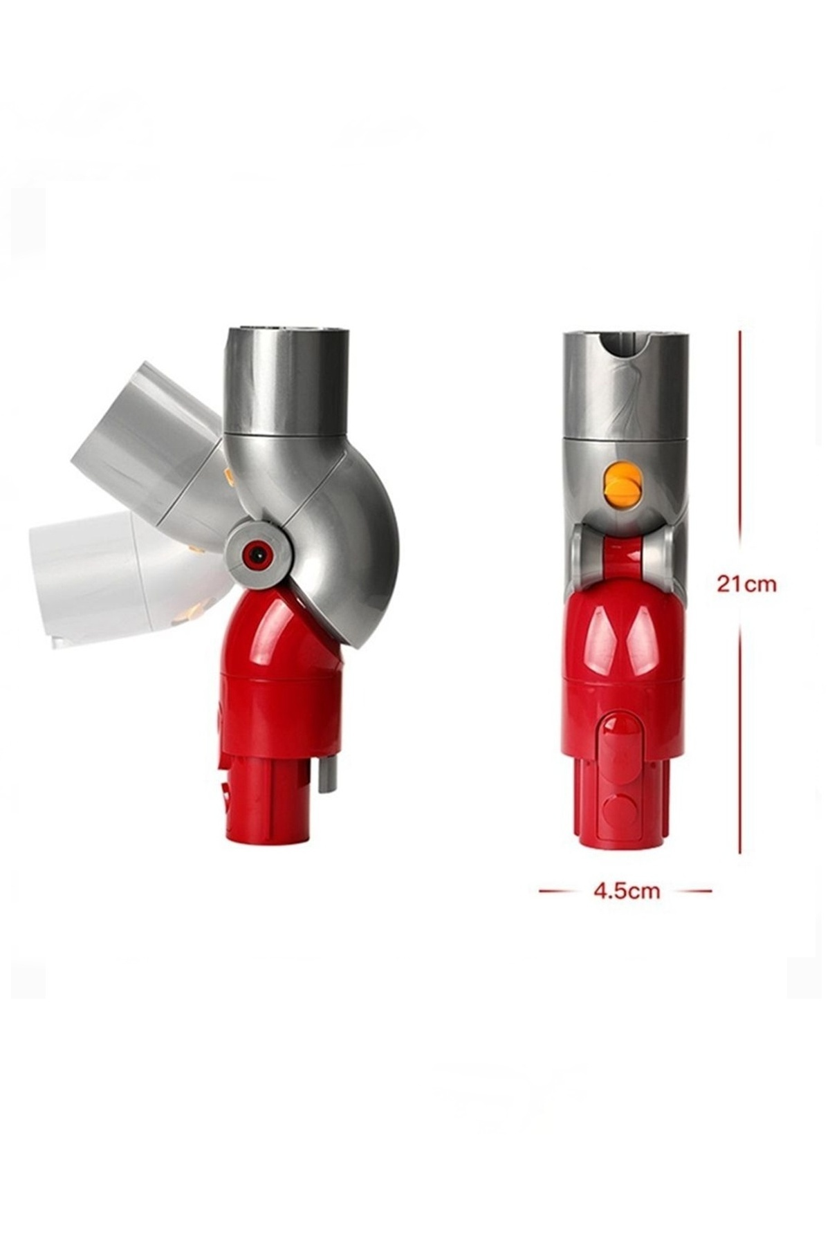 21 cm yükseklik ve 4,5 cm genişlik ölçülerine sahip kırmızı ve gri elektrikli süpürge adaptörü.