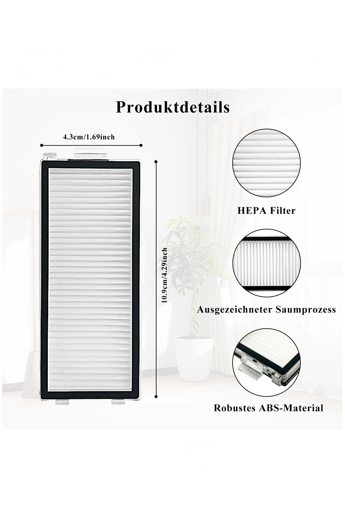 4,3x10,9 cm ölçülerinde ve ABS malzemeden HEPA filtre ürün detayları.