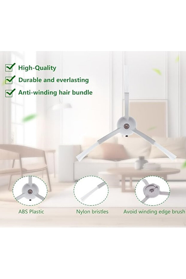 Oturma odası arka planında ABS plastik, naylon kıl ve sarma karşıtı tasarıma sahip robot süpürge yan fırçası.