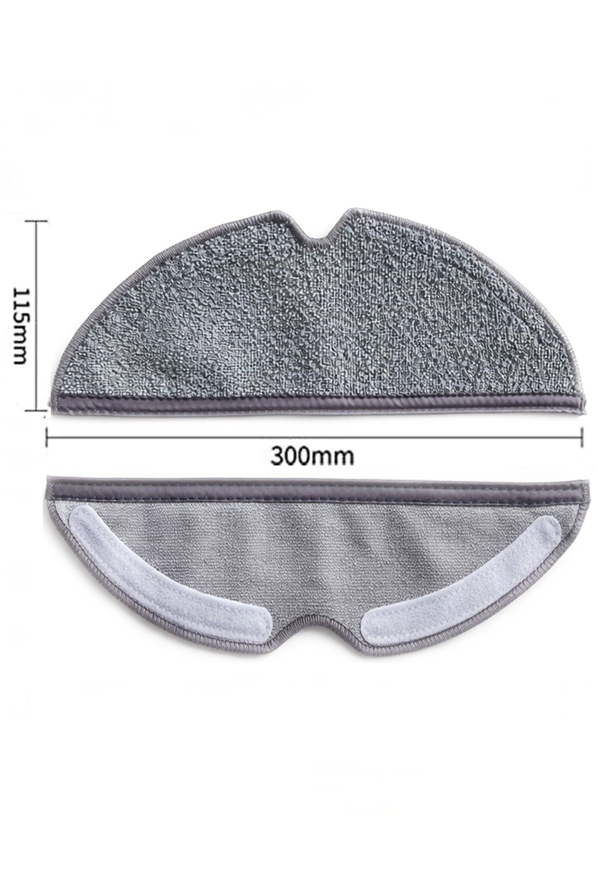 Robot süpürge için gri mikrofiber paspas pedi, 300 mm genişlikte ve 115 mm uzunlukta, cırt cırtlı.