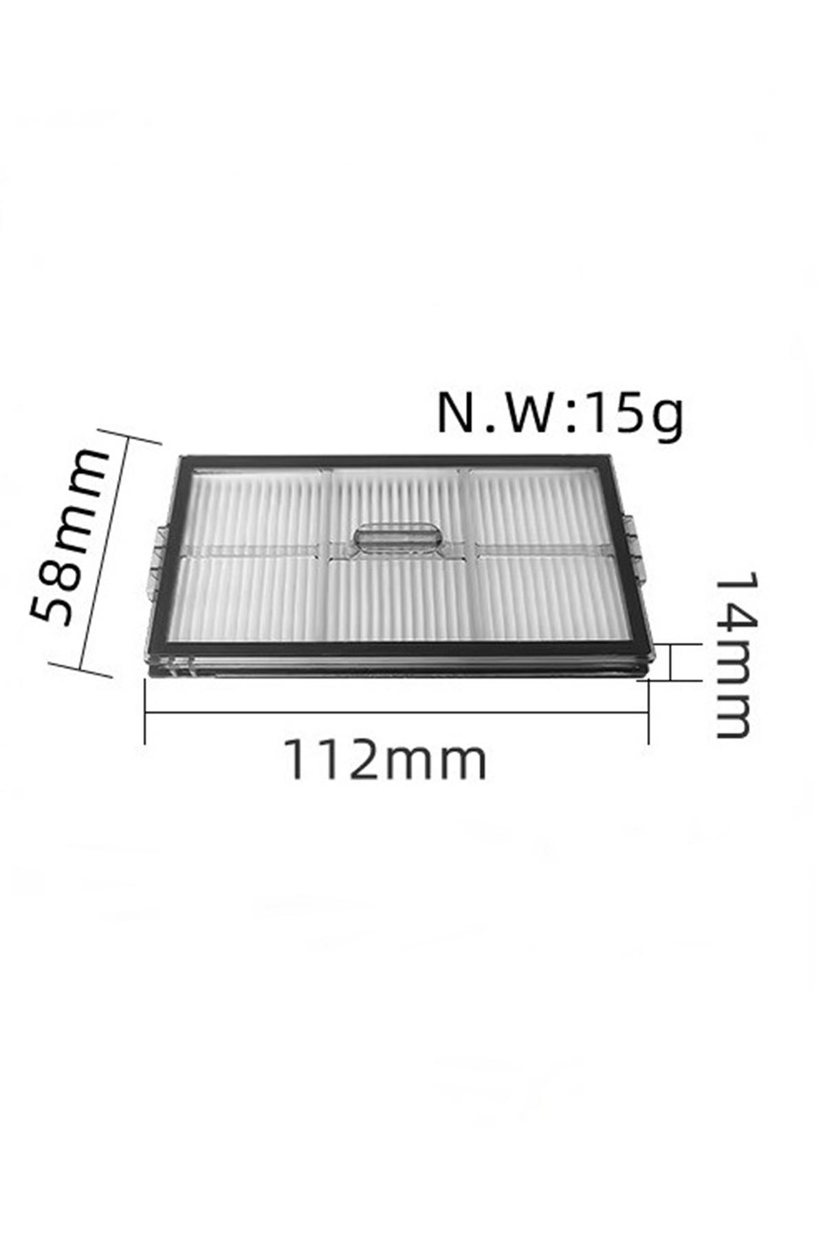 112x58x14 mm boyutlarında, 15 g ağırlığında, ölçüm çizgileriyle gösterilen dikdörtgen kıvrımlı hava filtresi.