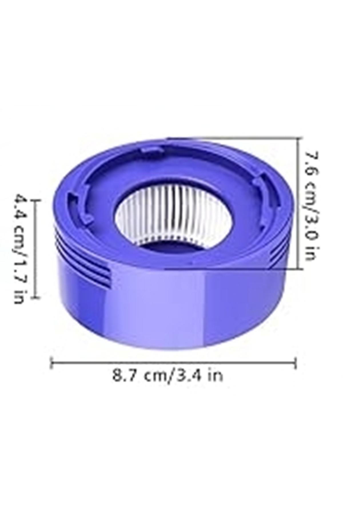 Pilili iç parçaya sahip mor elektrikli süpürge filtresi, 8.7 cm genişliğinde ve 7.6 cm yüksekliğinde.