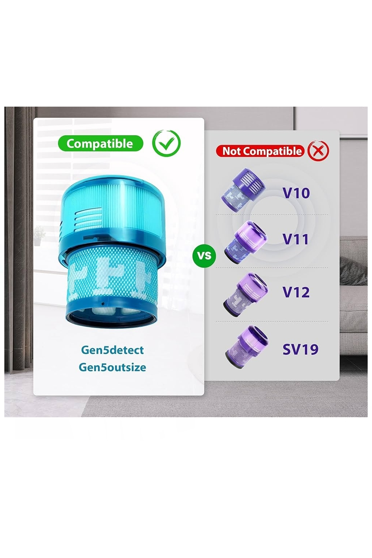 Karşılaştırma tablosu Gen5 için uyumlu mavi filtreyi ve V10, V11, V12, SV19 için uyumsuz mor filtreleri g österir.