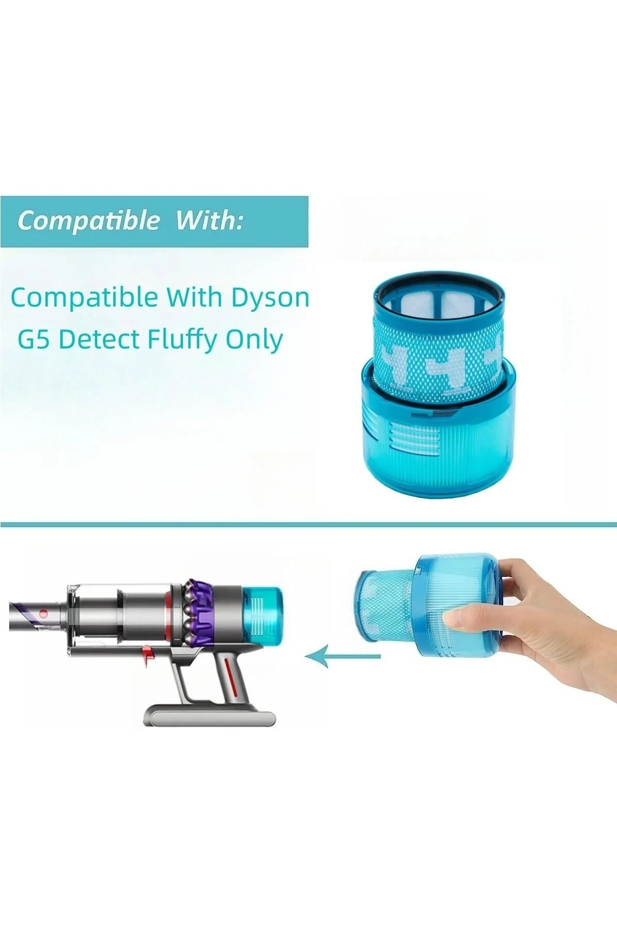Dyson G5 Detect Fluffy elektrikli süpürge için mavi filtre uyumluluğu.